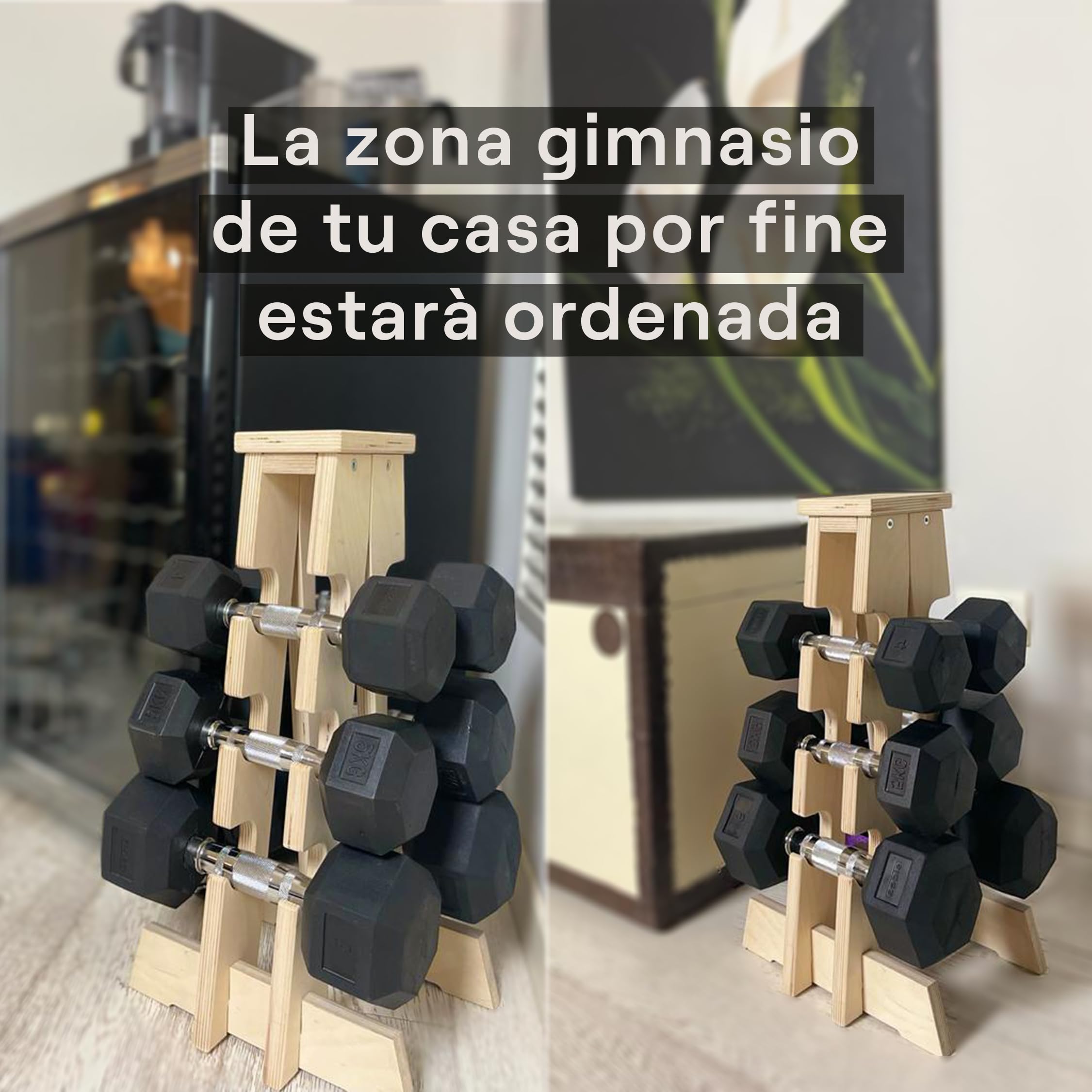 Meanswood Soporte para Mancuernas de Gimnasio en Casa – Estante para Mancuernas, Soporte de Pesas Ajustables, Estructura de Madera, Capacidad Máxima 70 kg (6 Pesas) - Made in Italy