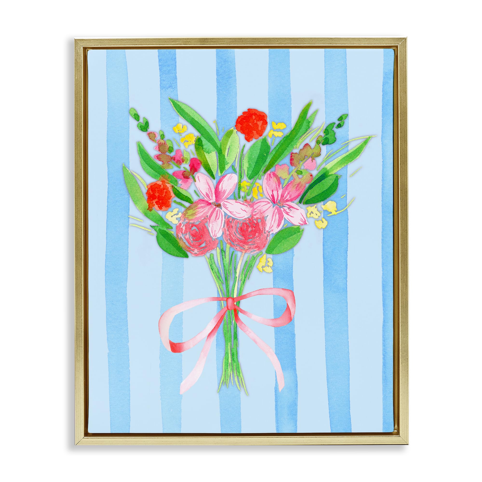 Stupell Industries Metallic Gold (Matte) 'Blue And Pink Bouquet & Bow'| Floating Frame Canvas Art