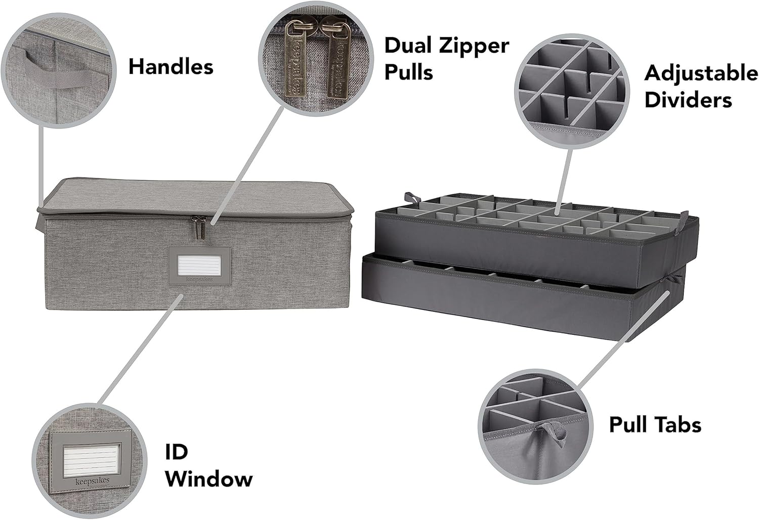 Covermates Cup and Mug Storage Box with FlexGrid Dividers, Stackable Organizer for Coffee Mugs & China Cups, Heavy-Duty Polyester, Zipper Closure, Handles & ID Windo, Grey Heather