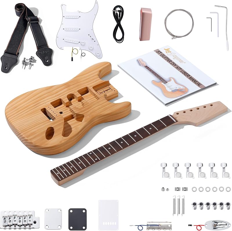Leo Jaymz DIY ST Style Electric Guitar Kits with Roasted Pine Body and Maple Neck - Laurel Wood Fingerboard,Strap and All Components Included (ST Roasted Pine)