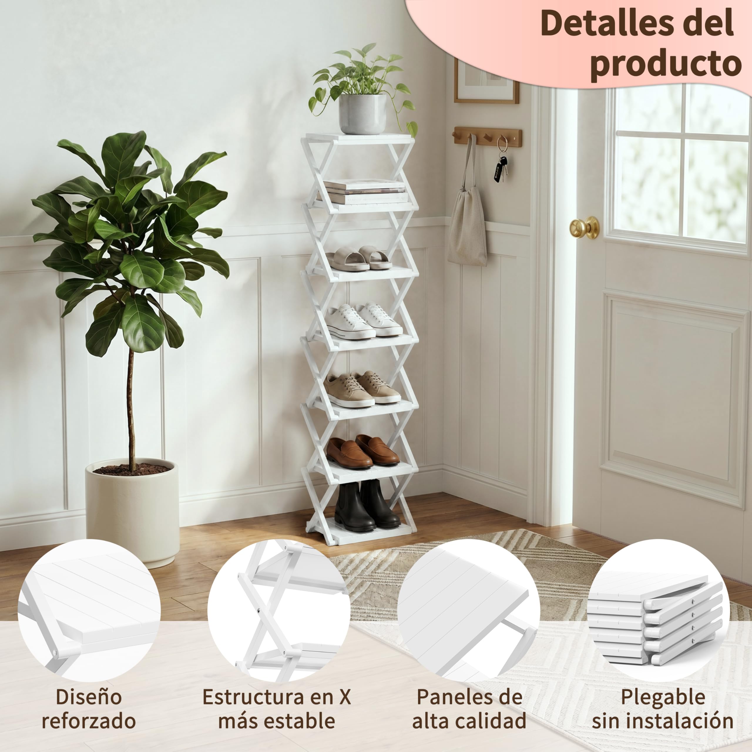 Zapatero Vertical Estrechom, Zapatero Plegable portátil, sin instalación, Zapatero pequeño, pasillos, dormitorios y Espacios pequeños (Blanco, 7 Tier)
