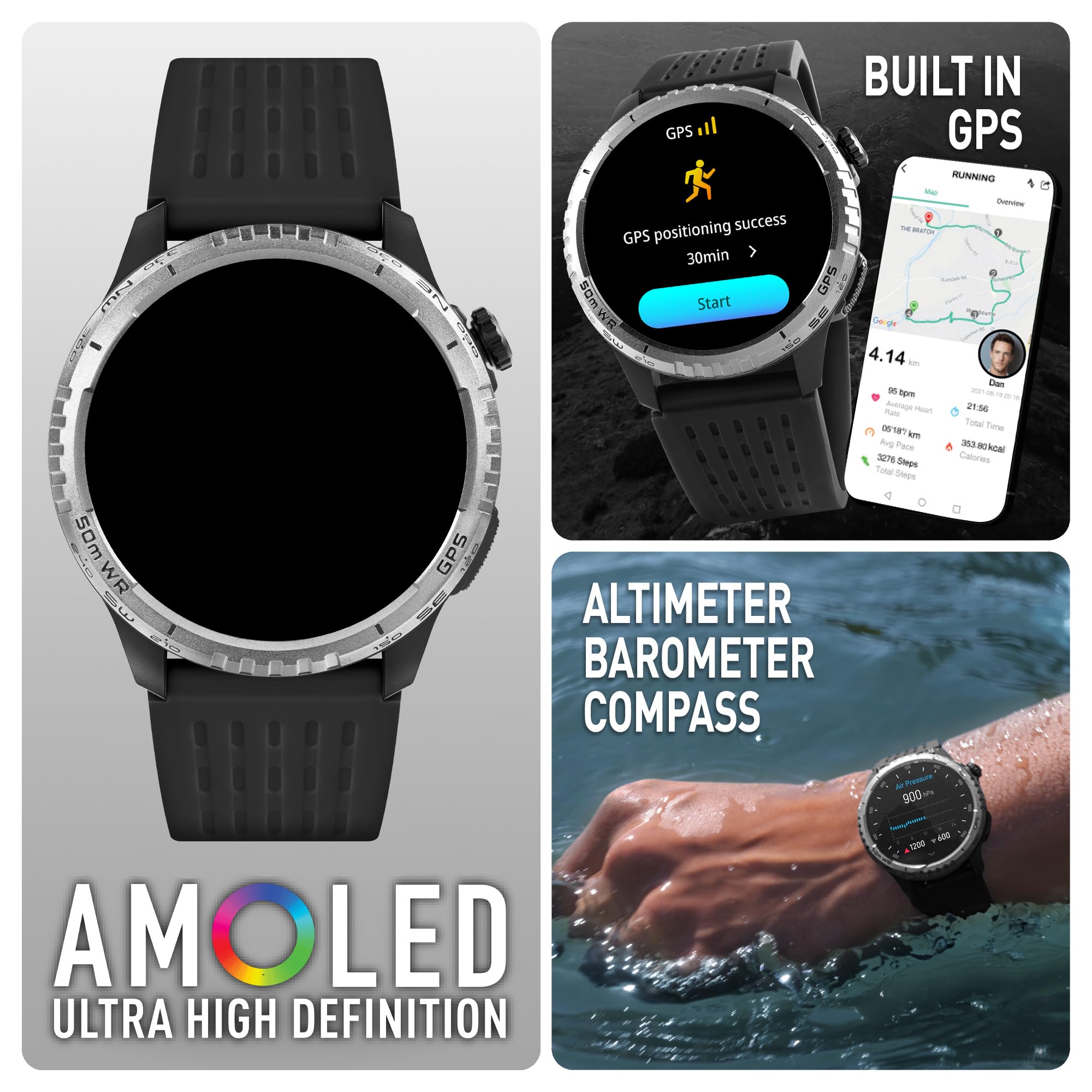 Reflex Active Sea Venture - Reloj Inteligente AMOLED GPS con Correa Negra, 50 m