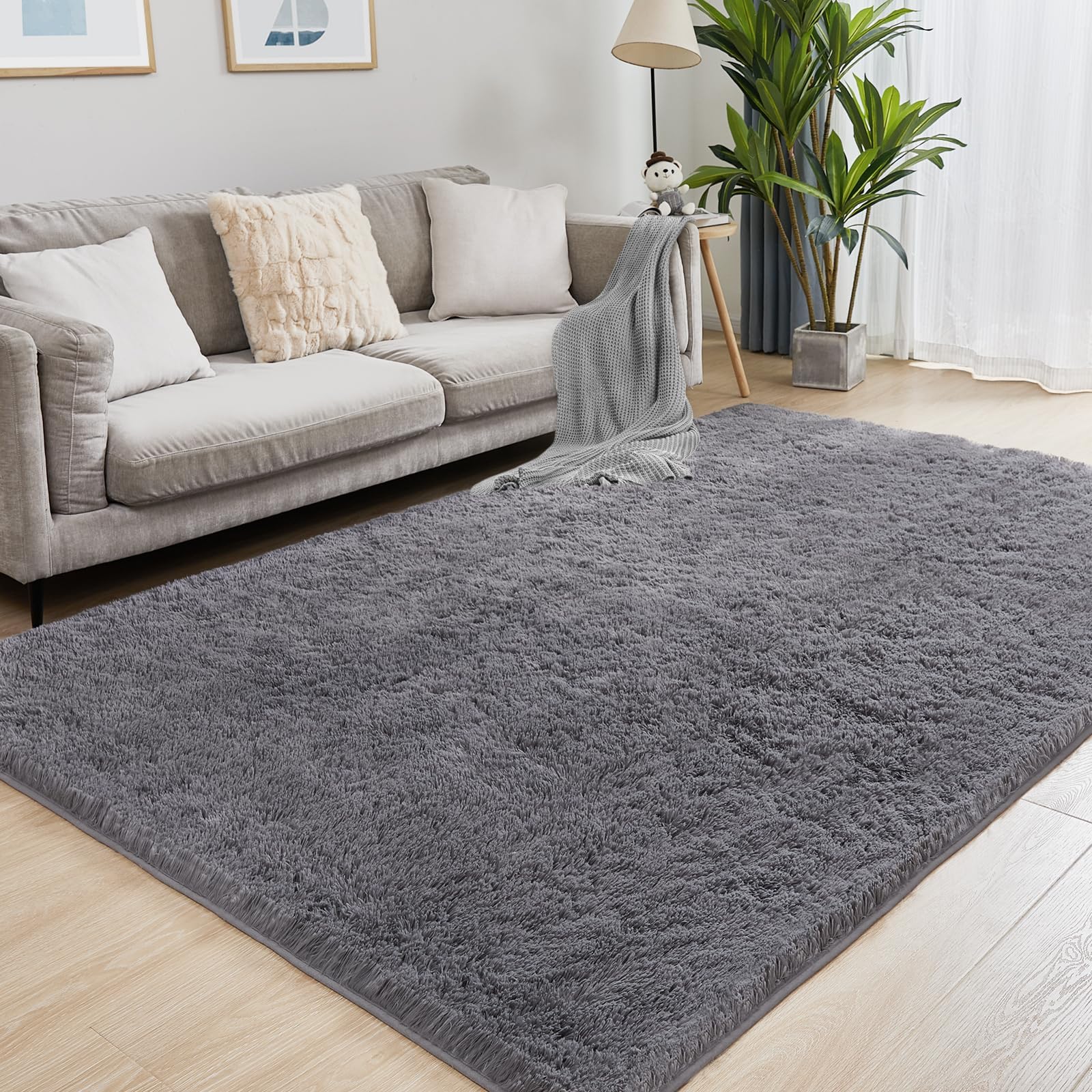 Puremy Hochflor Teppiche Wohnzimmer Flauschiger Weich, 200x280cm, Grau | Wohnzimmerteppich Waschbarer & Anti-Rutsch Modern Shaggy Teppich für Schlafzimmer, Kinderzimmer