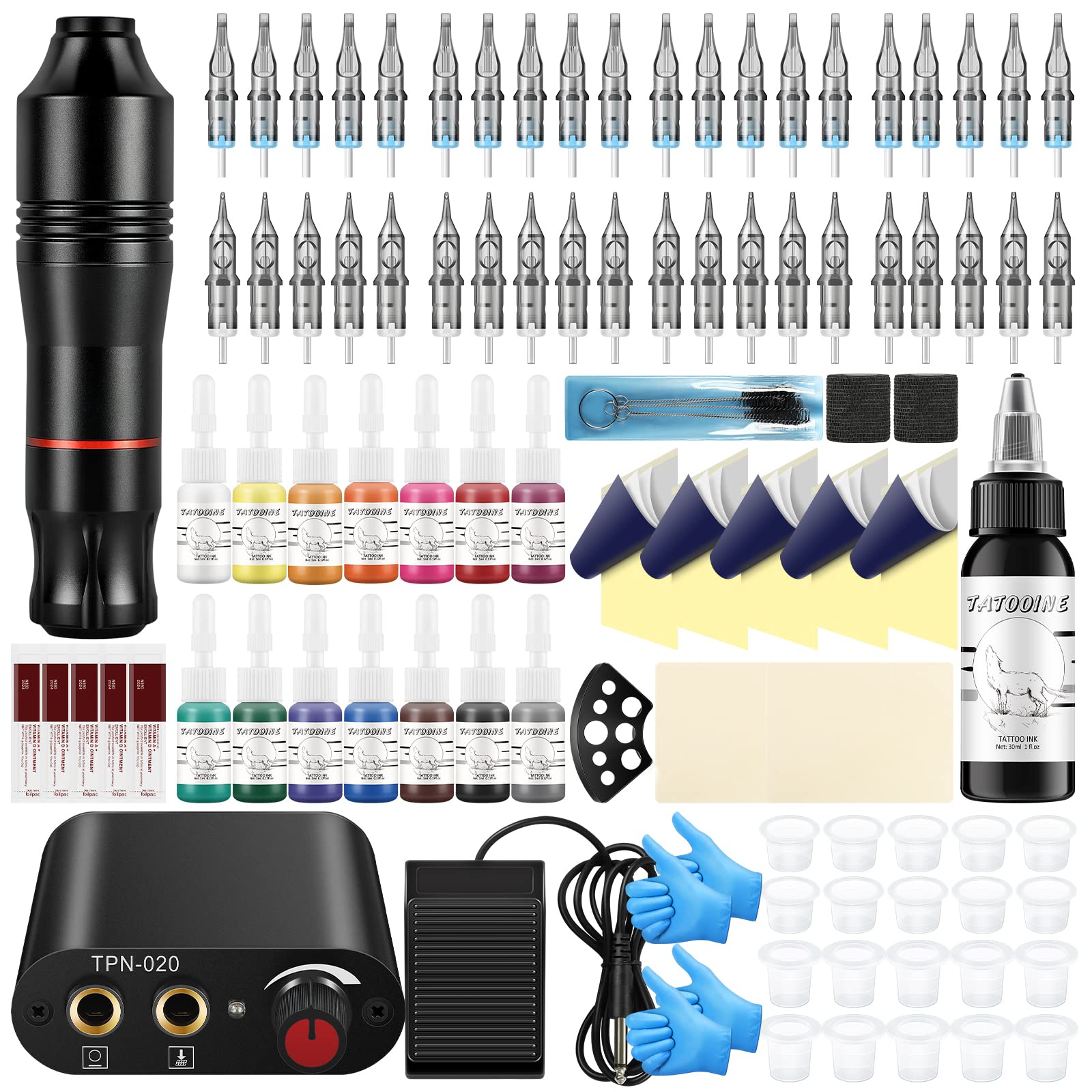 Tatooine Tattoo Machine Set Completo de Tatuaje Profesional Rotary Tattoo Machine Kit con 40pcs Agujas de Tatuaje y 14pcs 5ml Tinta de Tatuaje con 30ml Negro Tinta de Tatuaje Set