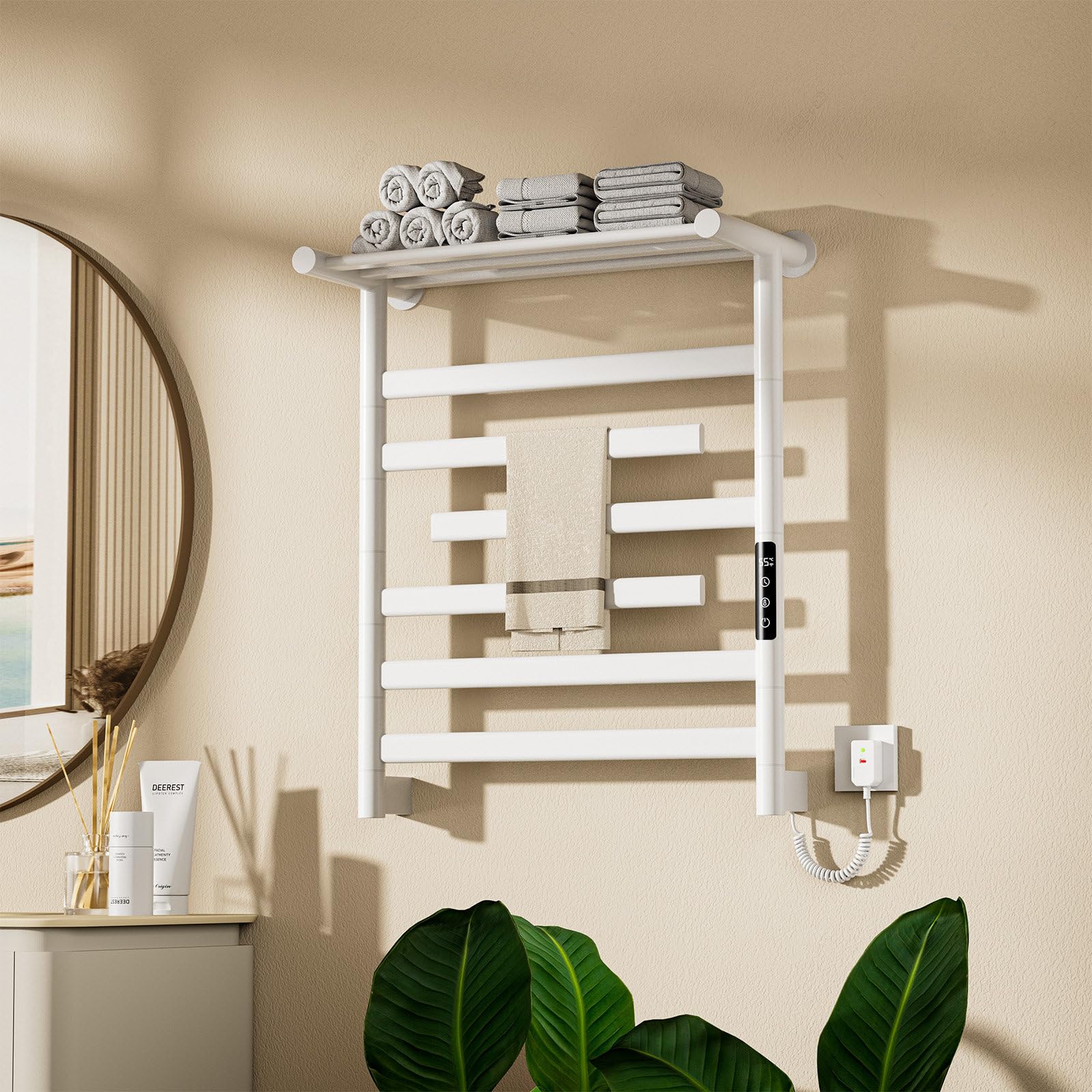 Scaldasalviette Elettrico Bagno Bianco, Portasciugamani Elettrico con Barre Girevoli 180°, 66x55cm 350W Scaldasalviette Elettrico con Ripiano, Temperatura Regolabile 30-70℃, Temporizzazione 0-9 ore