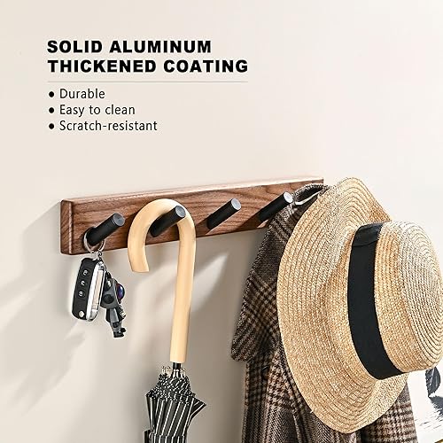 Miniatura 3 de LECHYN Black Walnut Wood - Perchero pequeño de madera de 17.3 pulgadas, montado en la pared con 5 clavijas, ganchos de pared de entrada, colgador