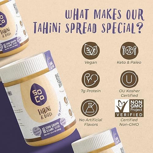 Miniatura 5 de SoCo Tahini Paste  Dates salsa Tahini pura molida a base de plantas pasta de sésamo cremosa y picante sin gluten sin OMG paquete de 1 x 1304 onzas