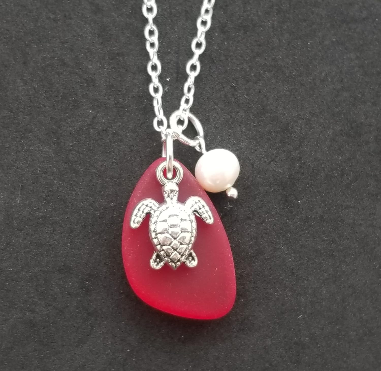 yinahawaii Handmade Ruby Red sea glass necklace, sea turtle charm, Natural pearl, July Birthstone, (Hawaii Gift Wrapped, Customizable Gift Message)