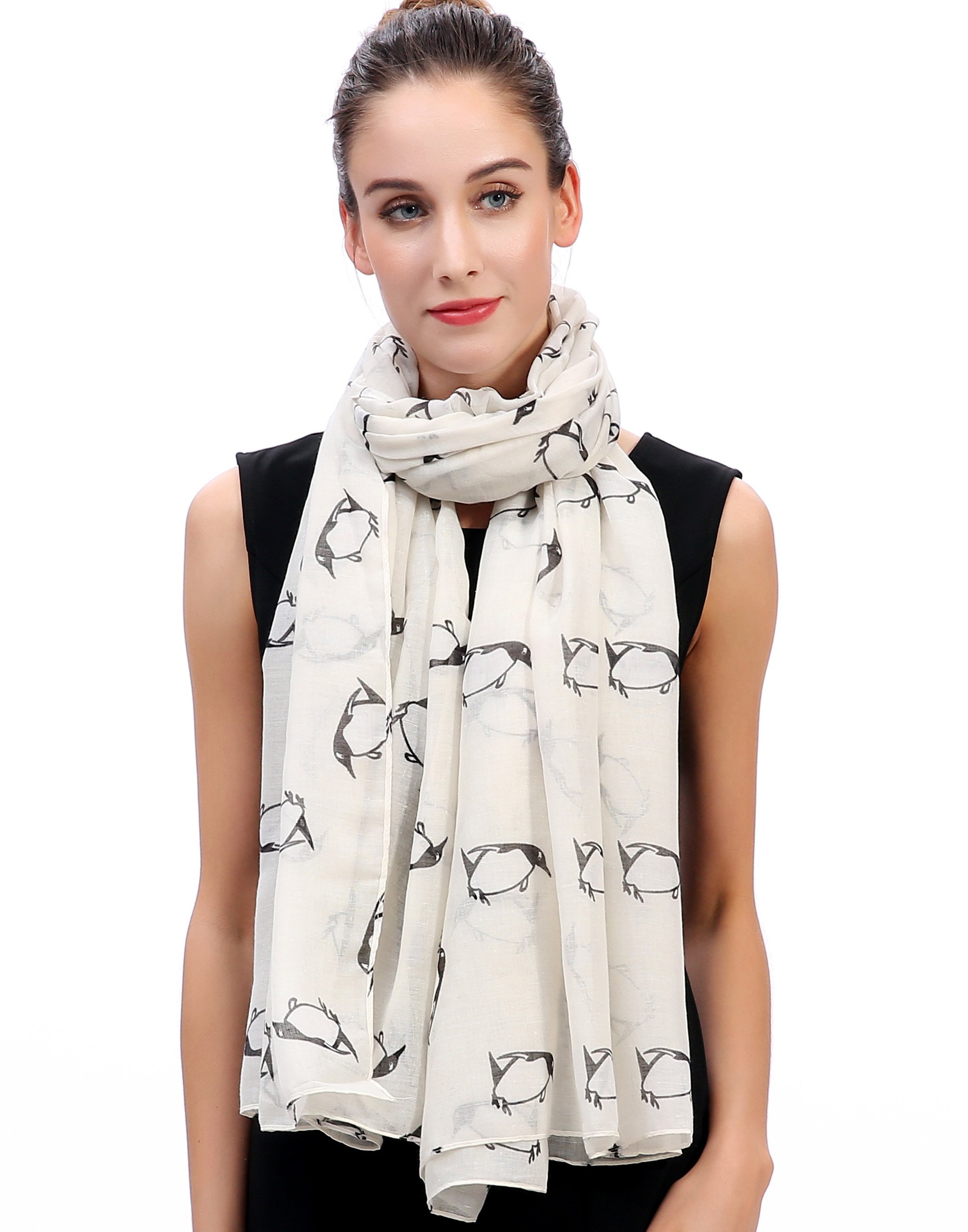 Lina & Lily Women's Cream Penguin Print Scarf Oversized (Cream)(Size: One Size)