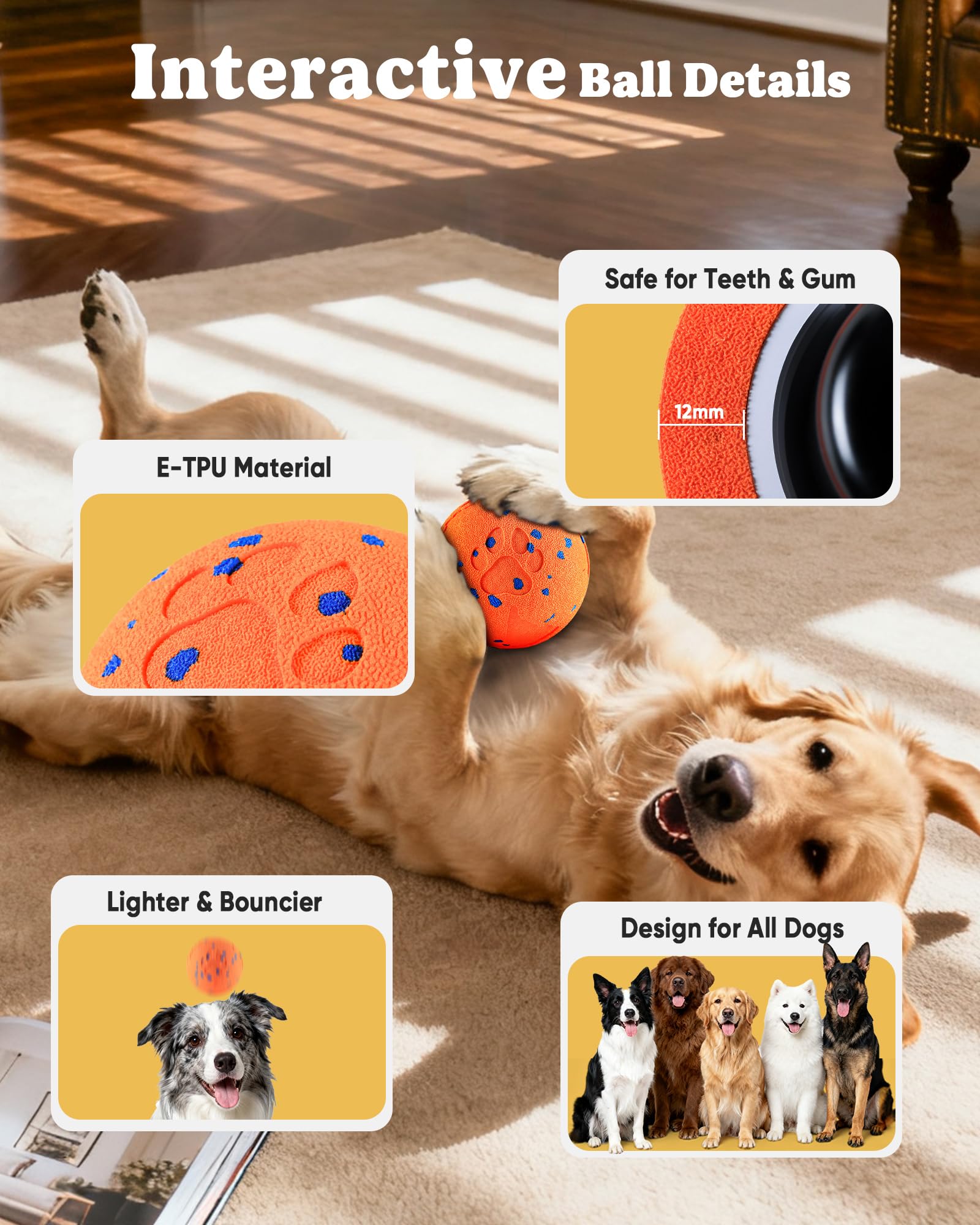 Smart Interactive Dog Ball Auto Rolling - Giocattoli interattivi per cani per masticatori aggressivi, rimbalzante e lanciabile, arancione