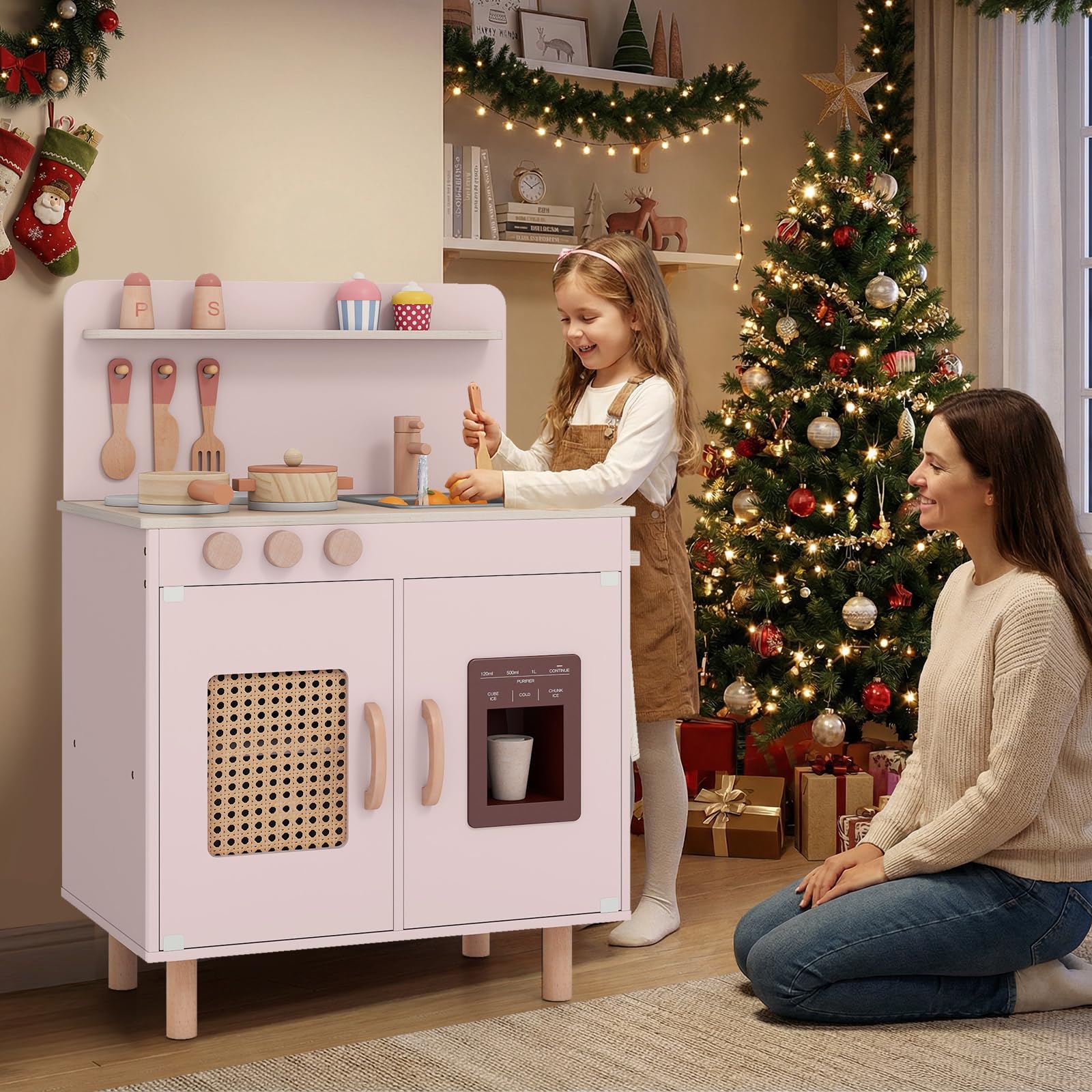 COSTWAY Kinderküche, Kinder Spielküche inkl. Zubehör mit Herd, Wasserspüle & Eismaschine, Spielzeugküche mit Stauraum, Holzküche für Jungen & Mädchen ab 2 Jahren (Rosa)