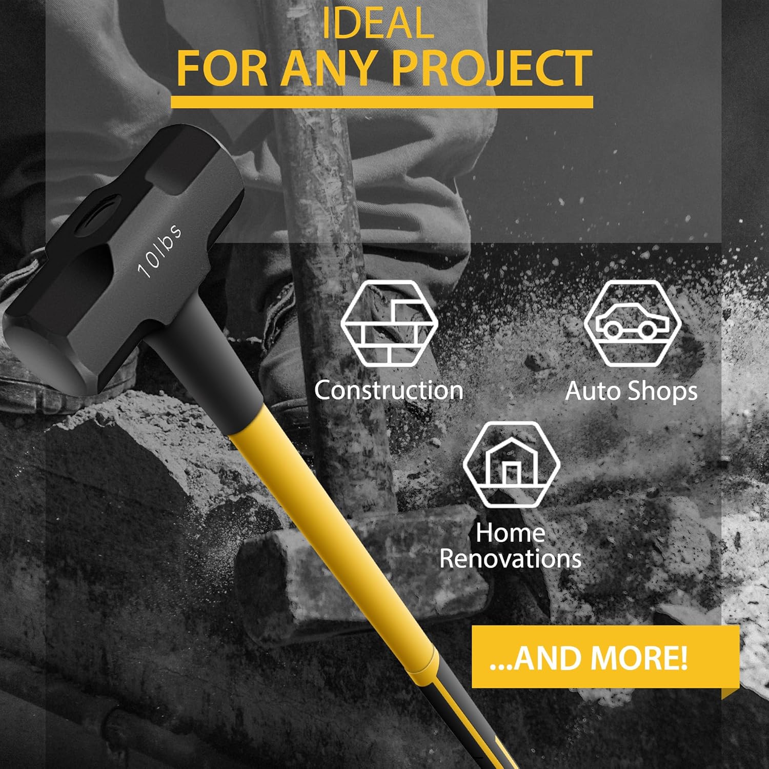 Sledge and Club Hammer with Heavy Duty Construction, No-Slip Handle, Fiberglass Core, High Strength Steel for Construction, Gardening, Land Management, Yard Work, and Outdoors (10lbs)