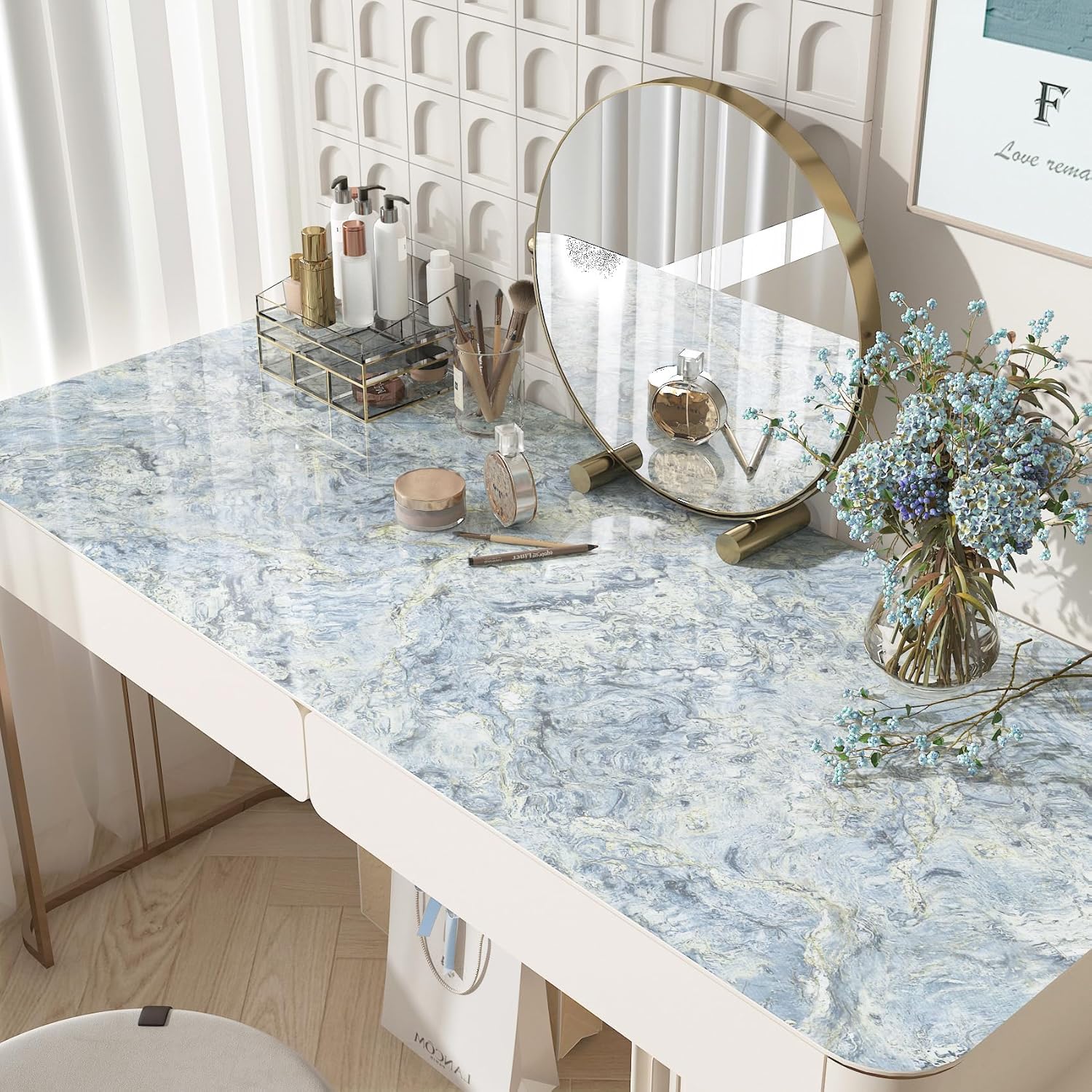 FunStick 24"x200" Cream Blue Marble Countertop Contact Paper Peel and Stick Countertops for Kitchen Cabinet Wallpaper Waterproof Self Adhesive Marble Wallpaper for Walls Table Counter Top Vinyl Wrap