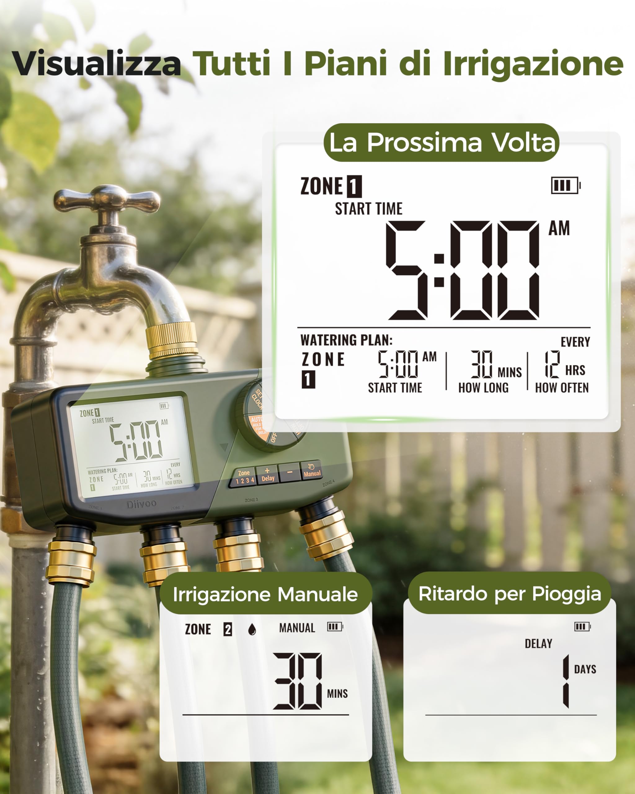 Diivoo IP68 Centralina Irrigazione 4 Zone con Ingresso in Ottone | Ampio Display LCD, Ritardo Pioggia, Irrigazione Manuale, Adatto per Prato e Giardino