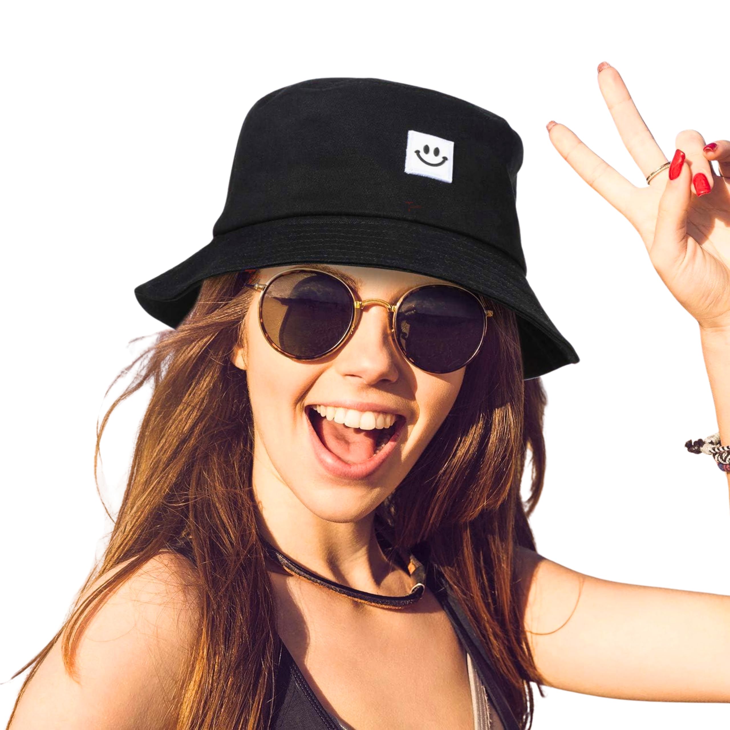 Tomorrow Smiley Bucket Hat for Women and Men - Packable Sun Protection Hat for Summer, Beach, Travel, and Outdoor Activities - Black