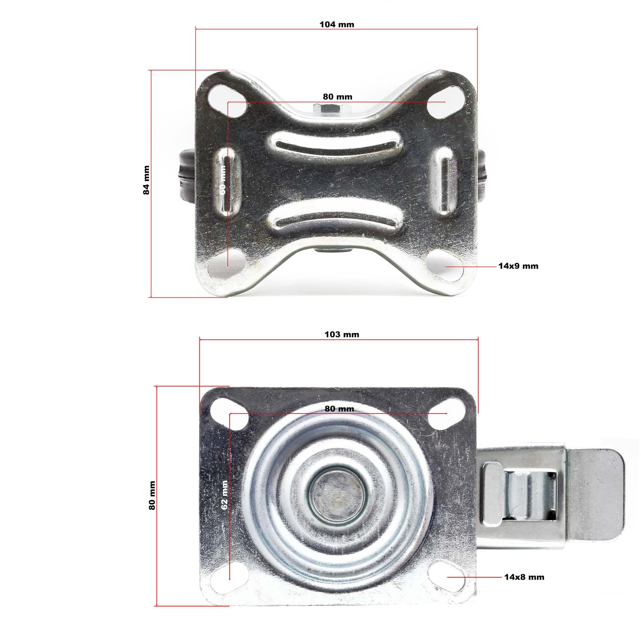 Wiltec Kit 4x Roulette – 2x Pivotantes double arrêt et 2x Fixes – Diamètre 100 mm – Capacité 70 kg/roue – Charge lourde, Caoutchouc plein Transport Meuble