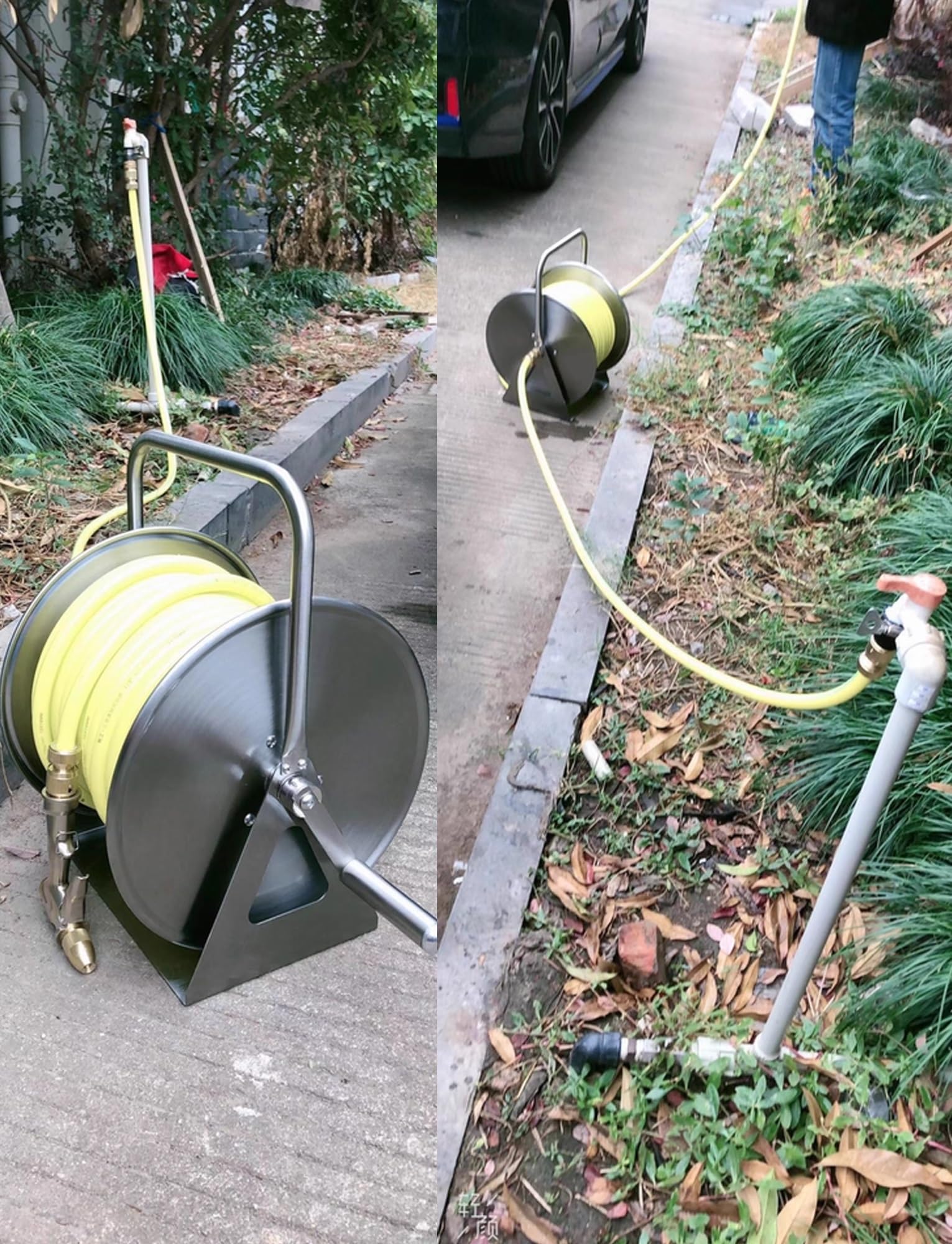 Avvolgitubo da giardino, supporto da parete in acciaio inox con capacità di 30 metri, include tubo di ingresso da 2 m e manovella per una facile irrigazione
