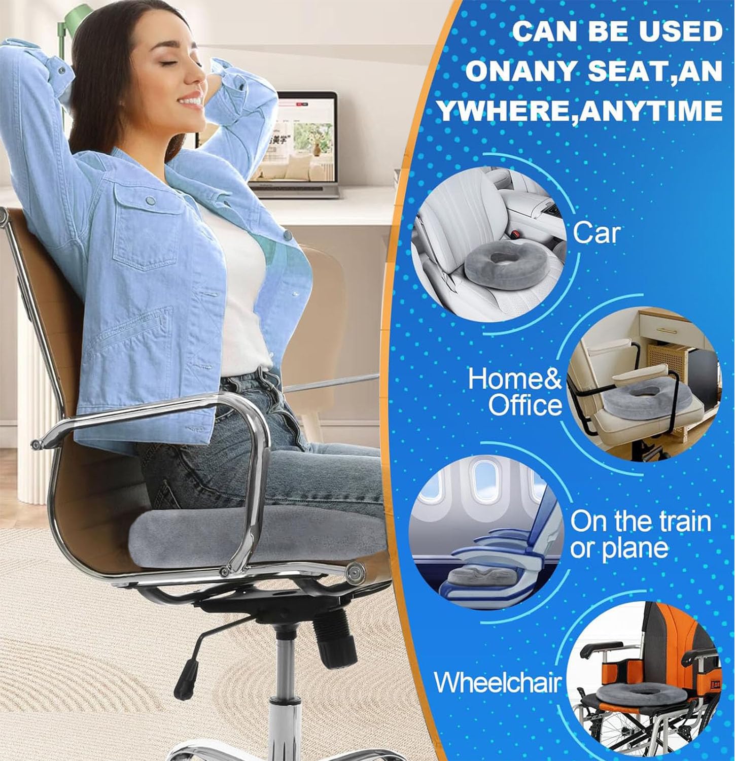 Cuscino per sedia a forma di ciambella in memory foam, ergonomico, per ufficio, auto e casa, cuscino per seduta a lunga durata, antiscivolo, rivestimento lavabile (grigio)