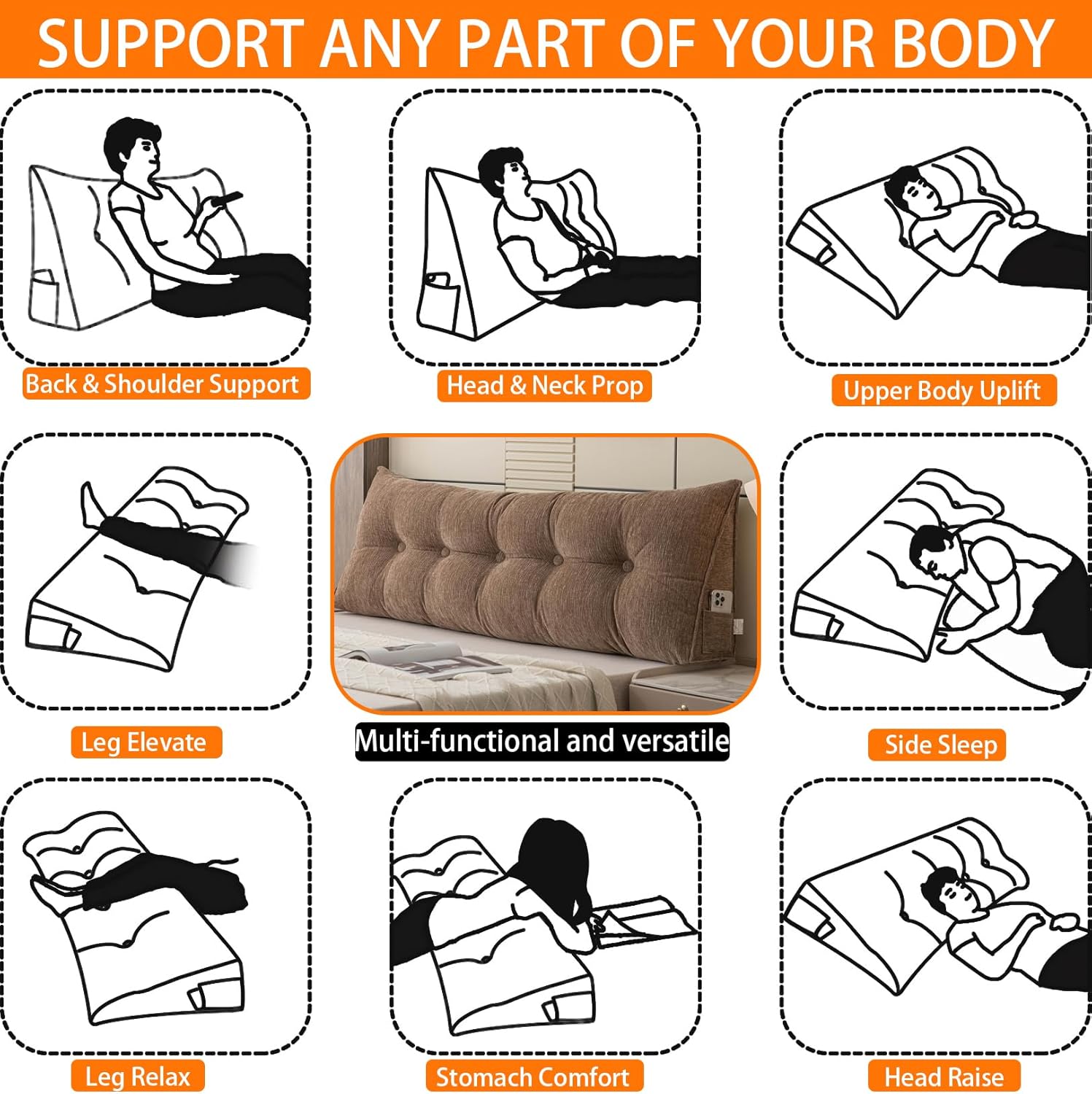 Queen Wedge Headboard Pillow Wedge Pillow Headboard Queen Wedge Pillow,with Removable Cover And Two Large Side Pockets,for Beds, Sofas, Floors.Especially for sitting or Reading In Bed(Chestnut Brown)