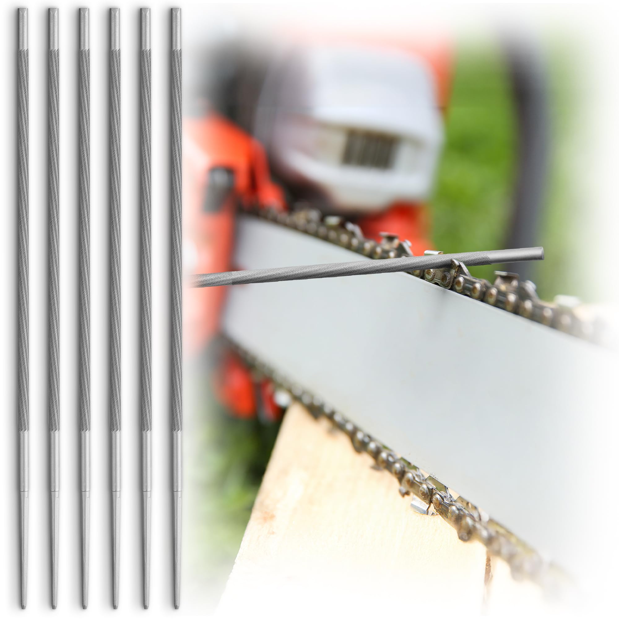 Set di lime per affilare motoseghe - 6 lime tonde compatibili con motoseghe con passo ⅜" (0,325) - Kit di strumenti efficiente per limare catene di seghe - di EffektWerk
