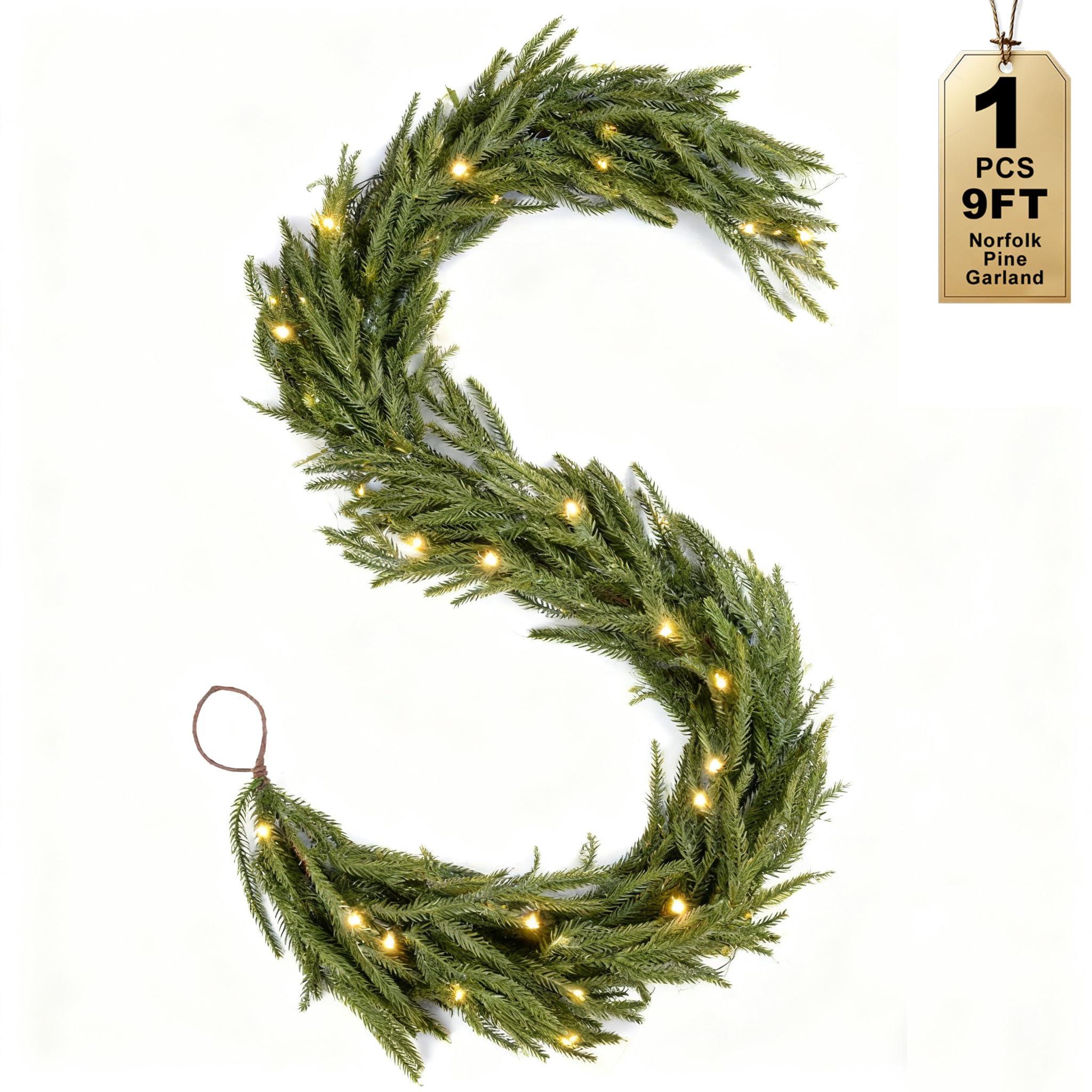 Yamaziot 1 guirlande de Noël avec lumières, guirlande de verdure artificielle de 2,7 m, guirlande de Noël éclairée de vigne de pin vert pour les vacances, décoration intérieure et extérieure
