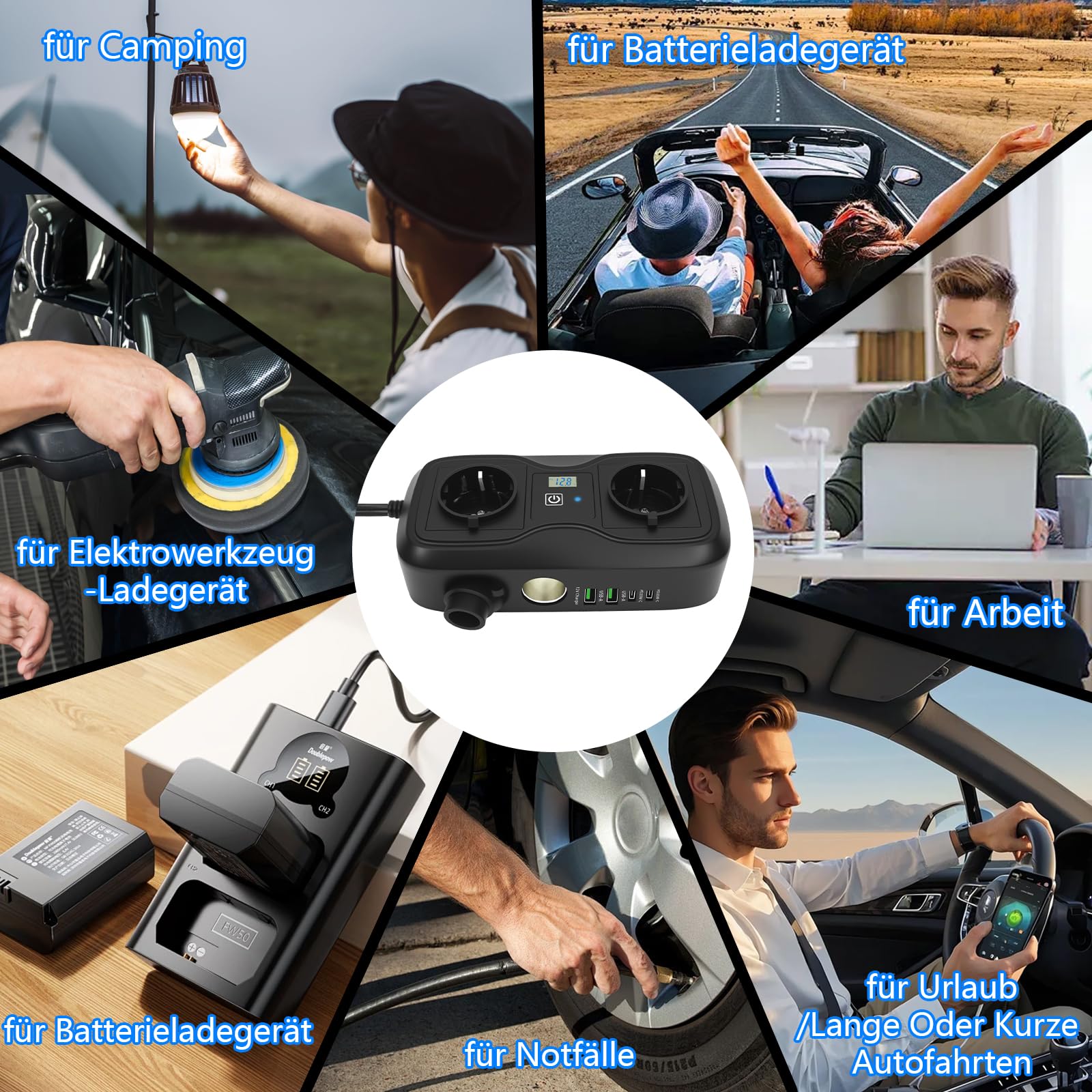 7 in 1 200W Wechselrichter 12V auf 220–230V, SZSSTH Spannungswandler Auto Steckdose 2 USB-A/2 Typ-C (5V 3A), Stromwandler mit Zigarettenanzünder Steckdose Power Inverter für Handys, Laptops, Campen