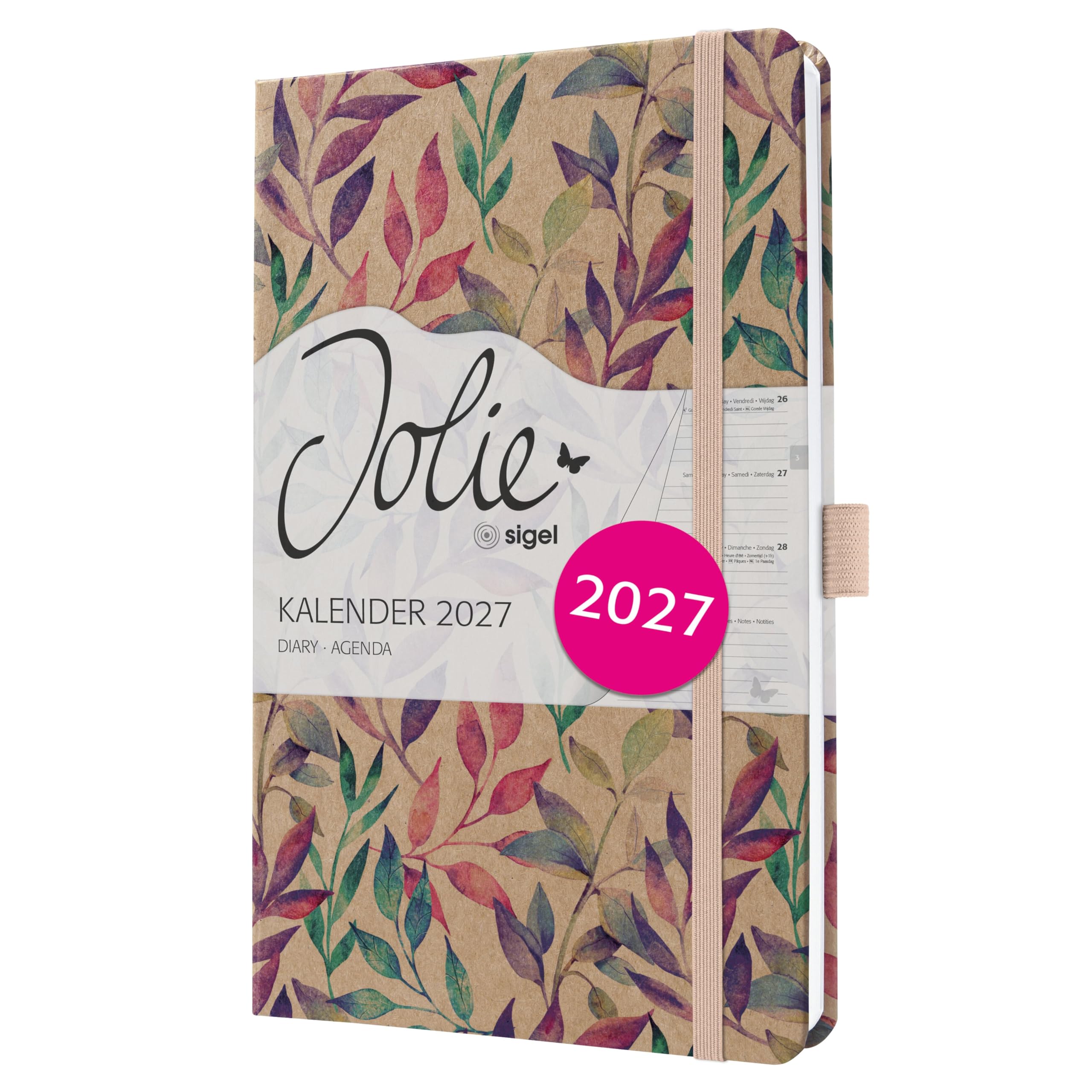 SIGEL 7J815 Weekly planner Jolie 2027-1 year - approx. A5 - Fairy Leaves - 2 pages = 1 week - hardcover - 80 gsm - brown/pink/purple/turquoise - 174 p. - FSC-certified