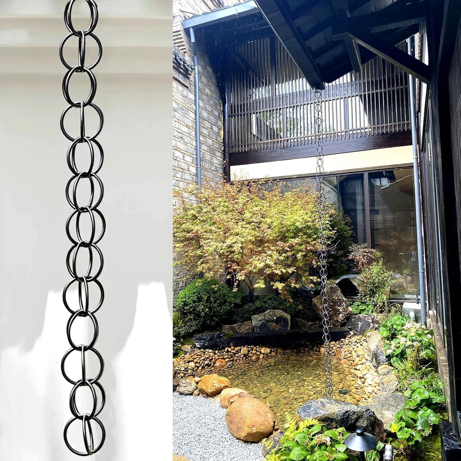Rain Chain Chain Link, Ring Rain Chain for Gutters and Downpipes, Backyard Temple Villa Rain Diverter, Decorative Rain Bell(150cm(5ft))
