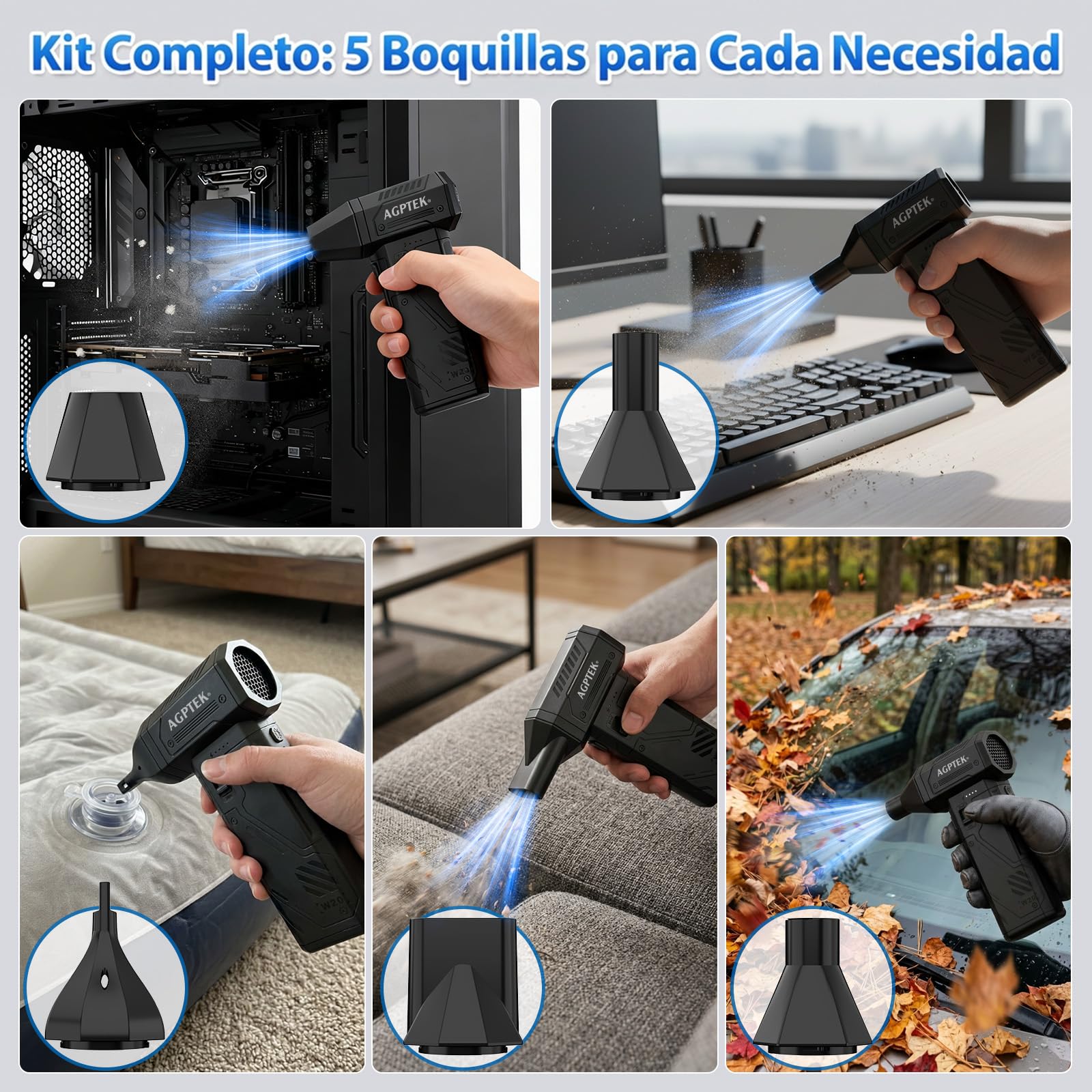AGPTEK Soplador de Aire Inalámbrico 260000 RPM, Motor sin Escobillas | 3 Velocidades Ajustables, para Limpiar Teclado, PC, Coche y Hogar, 8000 mAh Recargable con LED, Portátil, Potente y Eficiente