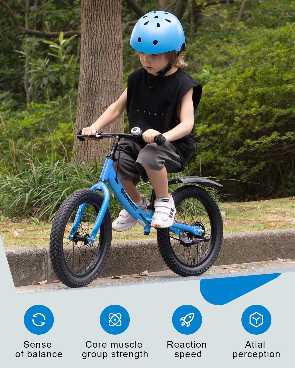 GROWNEER 16" Kids Balance Bike for 4-8 Year Old Boys Girls, Lightweight High Carbon Steel Frame Bicycle, Adjustable Padded Seat & Handlebars, Rear Brake, All-Terrain, Blue