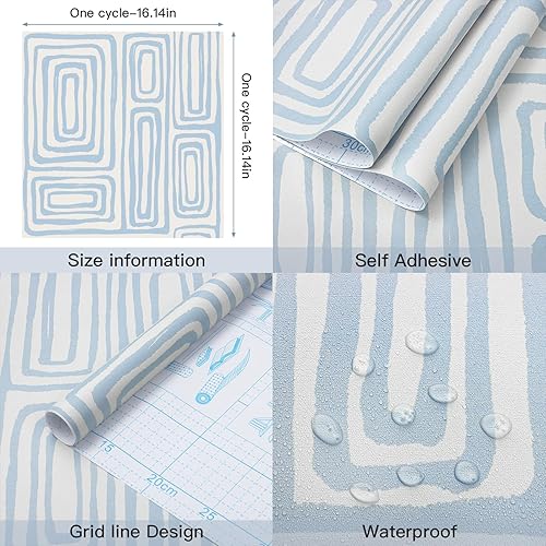 Miniatura 5 de GloryTik Papel tapiz moderno de 16.14 x 197 pulgadas, diseño geométrico azul y blanco, papel de contacto bohemio para armarios y cajones, papel