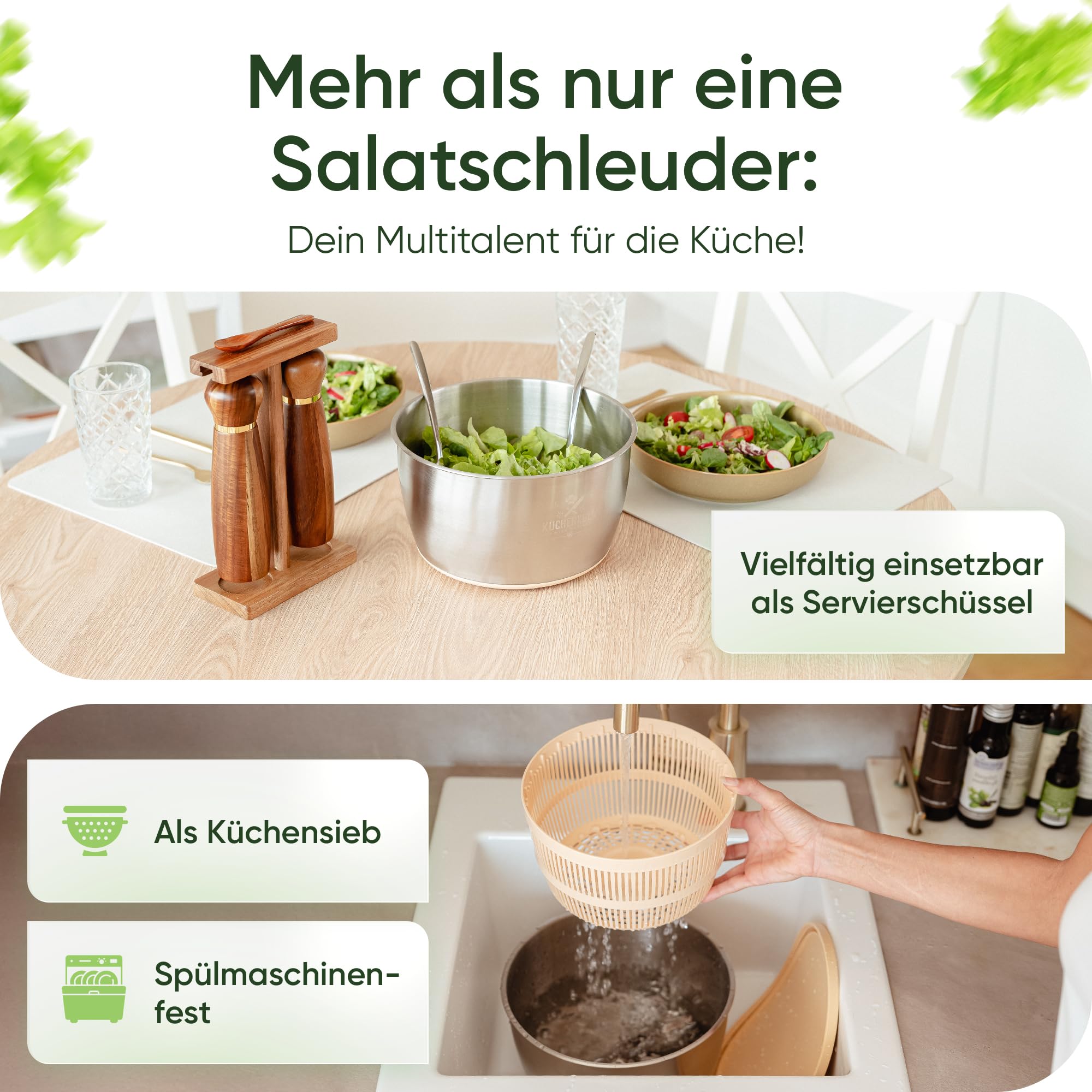Edelstahl Salatschleuder mit Deckel 5L | Rutschfester Boden | Testsieger 2025 | Salad Spinner | BPA -frei