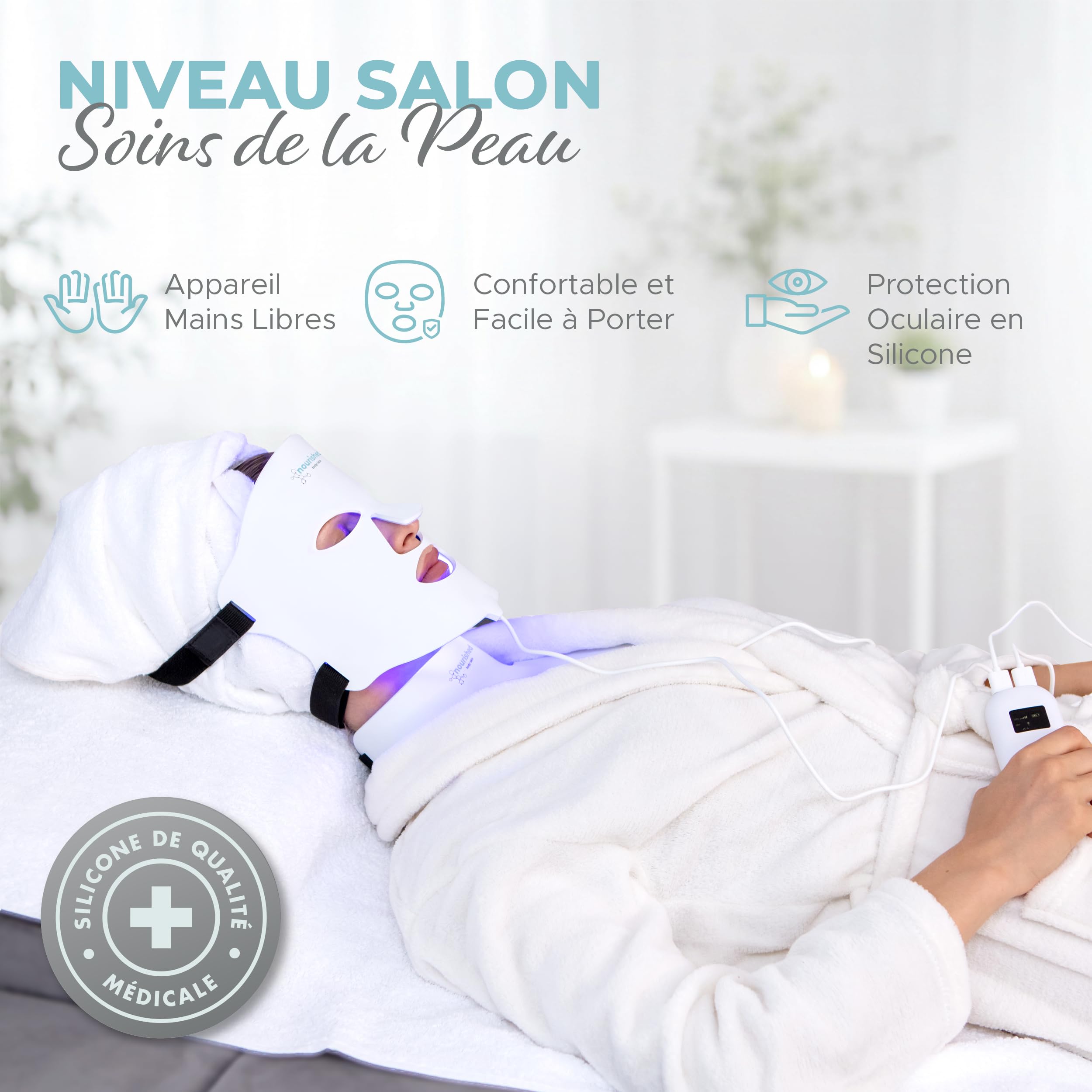 Nourished Bodynskin Masque Visage et Cou de Luminothérapie LED - Appareil de Soin de la Peau du Visage - 7 Couleurs Rouge et Bleu - Rajeunissement, Produit Anti-âge pour les Rides.