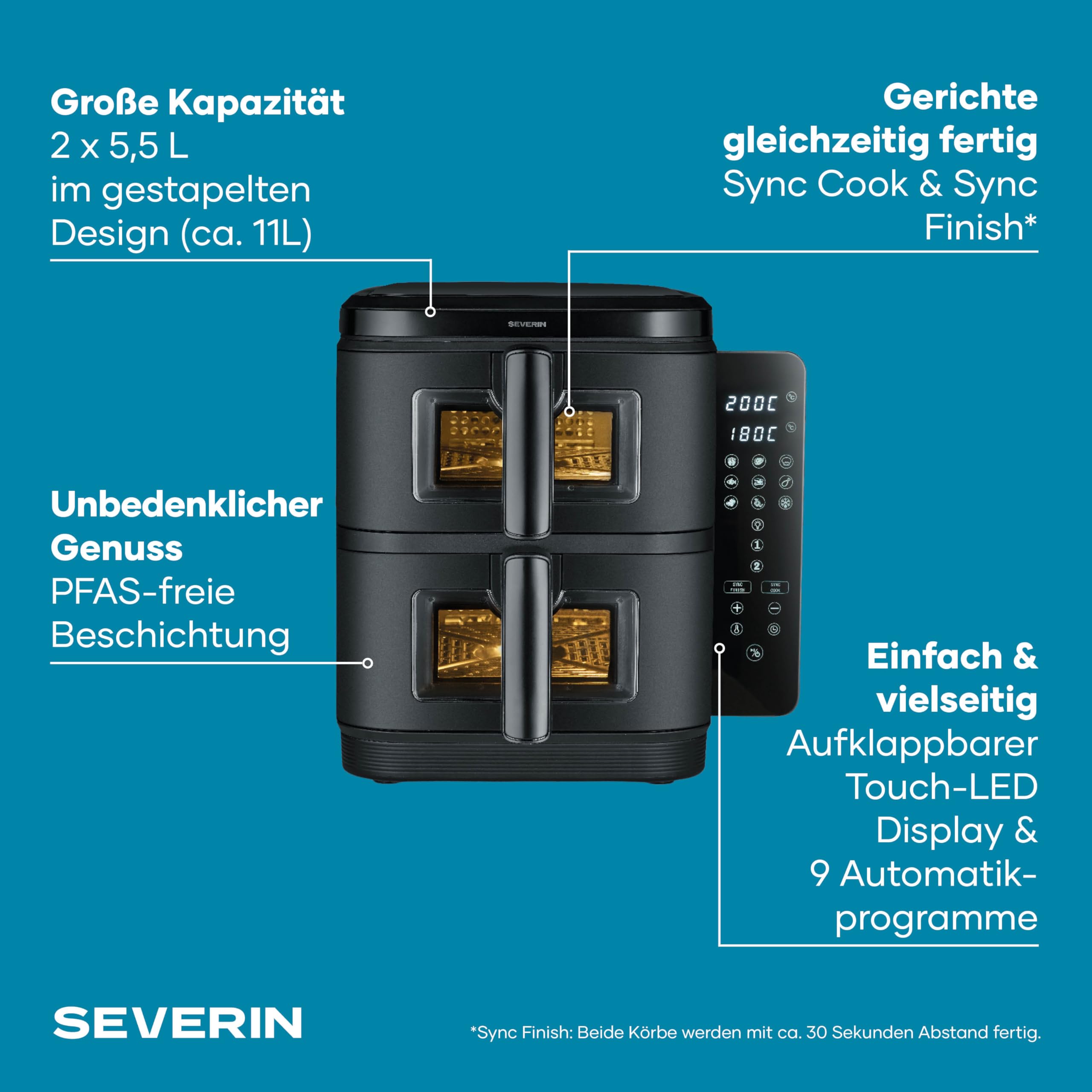 Severin Duo Stack Heißluftfritteuse, 2 x 5,5 L Garraum, 2 Kammern, gesundes Kochen, 9 Automatik-Programme, Fritteuse ohne Fett, platzsparendes Design, doppelstöckig, S-Fry, 2800 W, schwarz, FR 9598