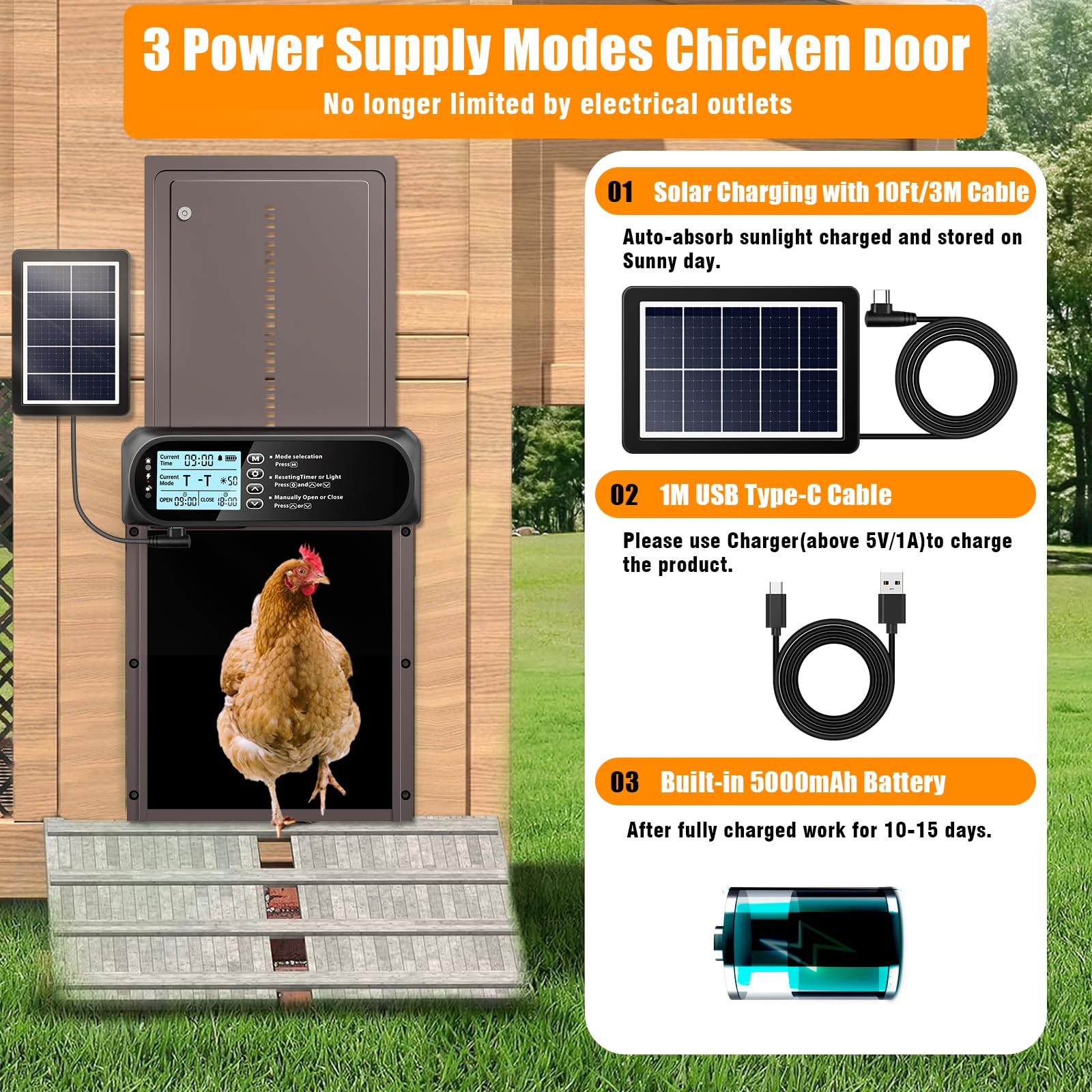 Puerta automática de gallinero alimentada por energía solar, pantalla LCD, puerta de gallinero automática eléctrica con temporizador y sensor de luz, abridor automático de puerta de pollo recargable