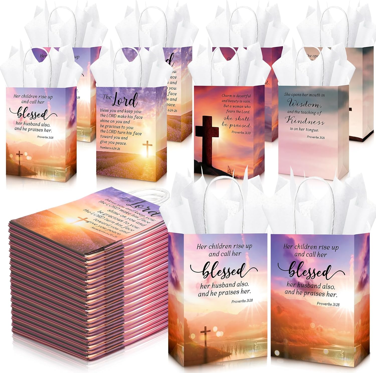 Moinchore Christian Mothers Day Gifts Bags Bulk with Tissue Religious Bible Verse Church Baptism Paper Gifts Bags for Women Mom with Handle for Easter Church Welcome Visitors, 4 Styles(100 Sets)