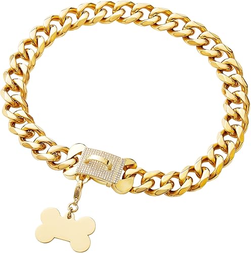 Miniatura 2 de Collar de acero inoxidable con eslabones de oro cubano resistente para perros pequeños, medianos y grandes, collar de perro de bulldog francés con