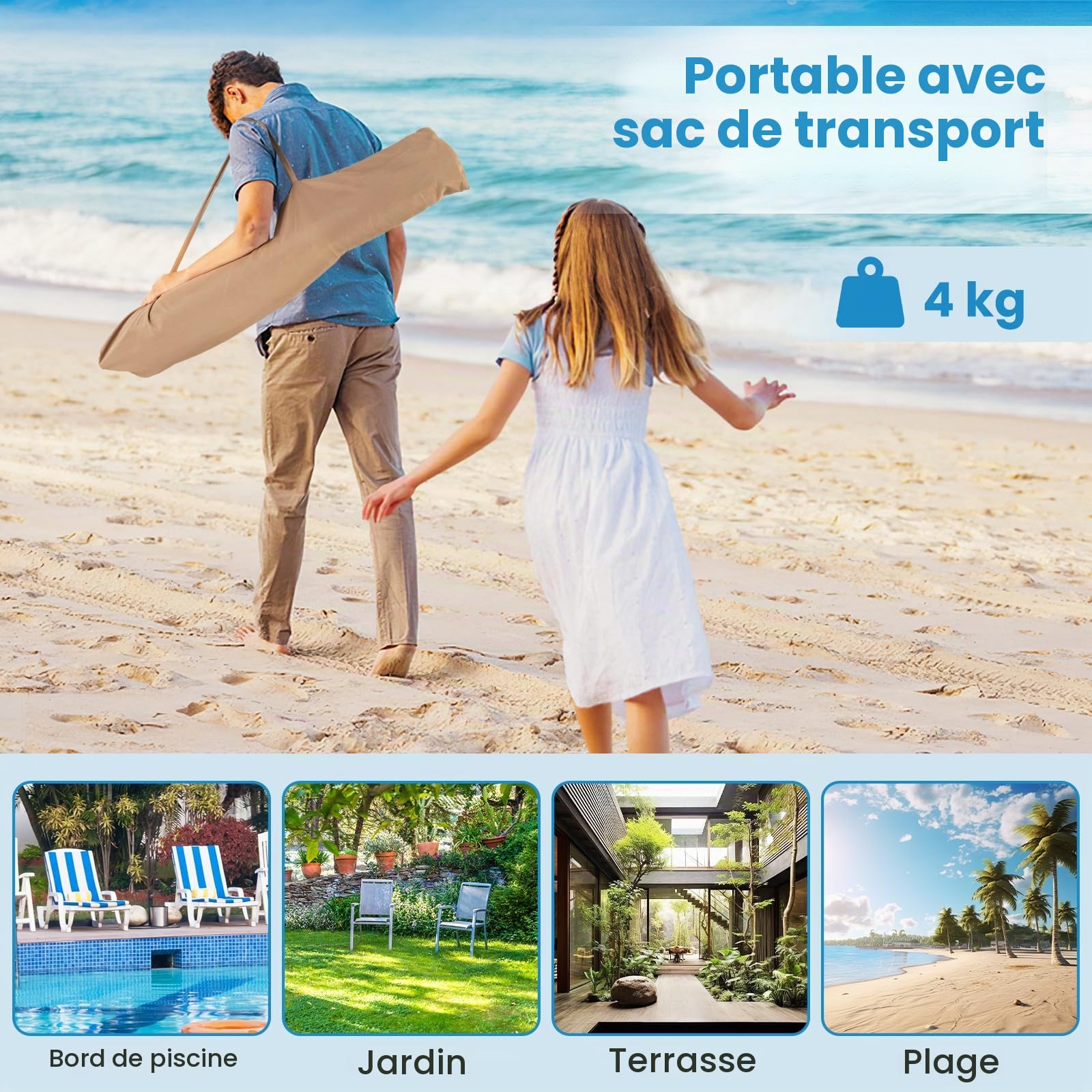 KOMFOTTEU Parasol Style Hawaïen, Hauteur 218 cm, Sac Transport, Pied Pliant