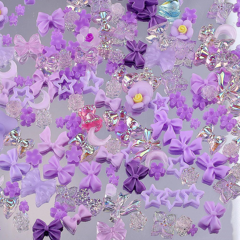 12 Stück 3D Nagelanhänger – Mit Pinzette, In Rosa & Lila, Motive: Herz, Stern, Bär, Bogen, Kirsche