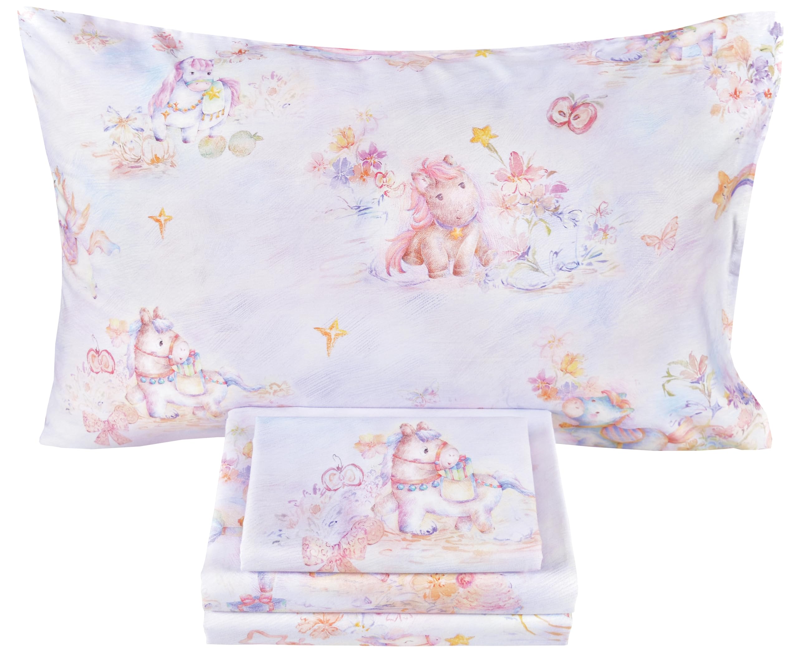 Scientific Sleep Pastel Unicorn Pony Horse Flower Fairy Tale Cute Adorable 100% Cotton Bed Sheet Set Kids Boys Girls Teen, Flat Sheet &amp; Fitted Sheet &amp; Pillowcase Bedding Set (Pretty Pony, Full)