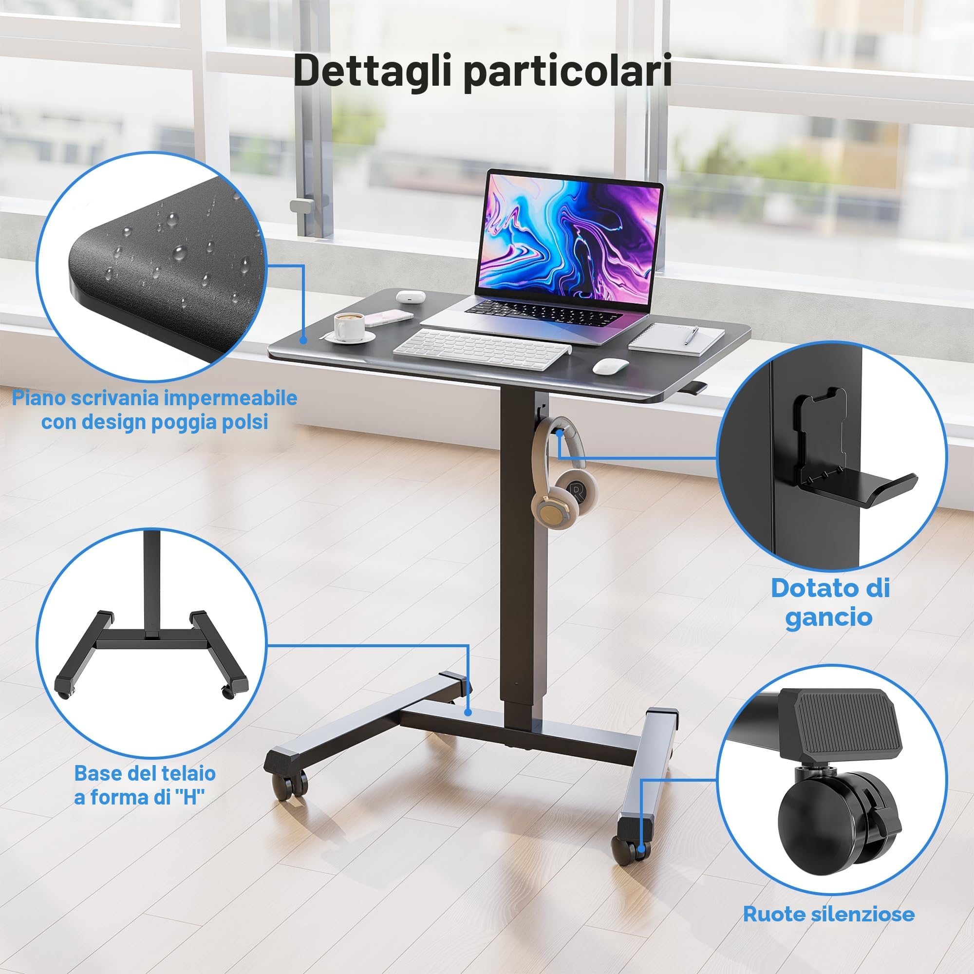 BONTEC Scrivania per Computer da Ufficio Tavolo Porte PC con Ruote Porta computer scrivania Regolabile in Altezza da Scrivania Verticale Mobile ad Angolo Angolare Tavolo Nero 65×45 cm
