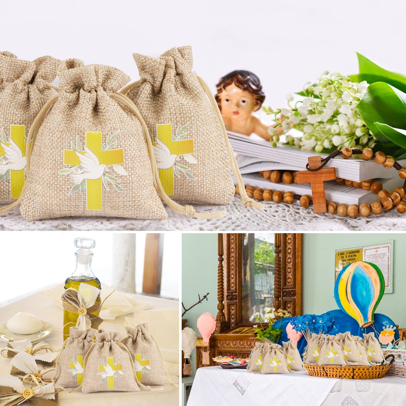 BETESSIN 24pcs Sachet Dragée Jute Pochette Communion Baptême 8x10cm Toile Chanvre Confirmation Sac Poche Bijoux Bonbon Chocolat Cadeau Perle Faveur Décoration Fête Communion
