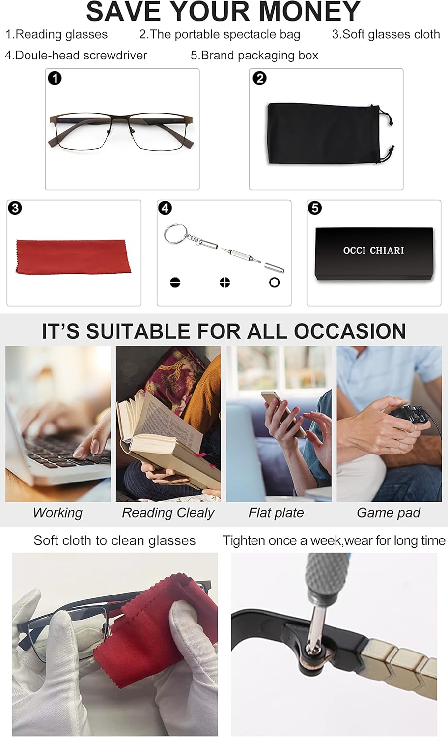 OCCI CHIARI Mens Rectangle Full-Rim Metal Black Non-prescription Clear Optical Glasses - Image 6