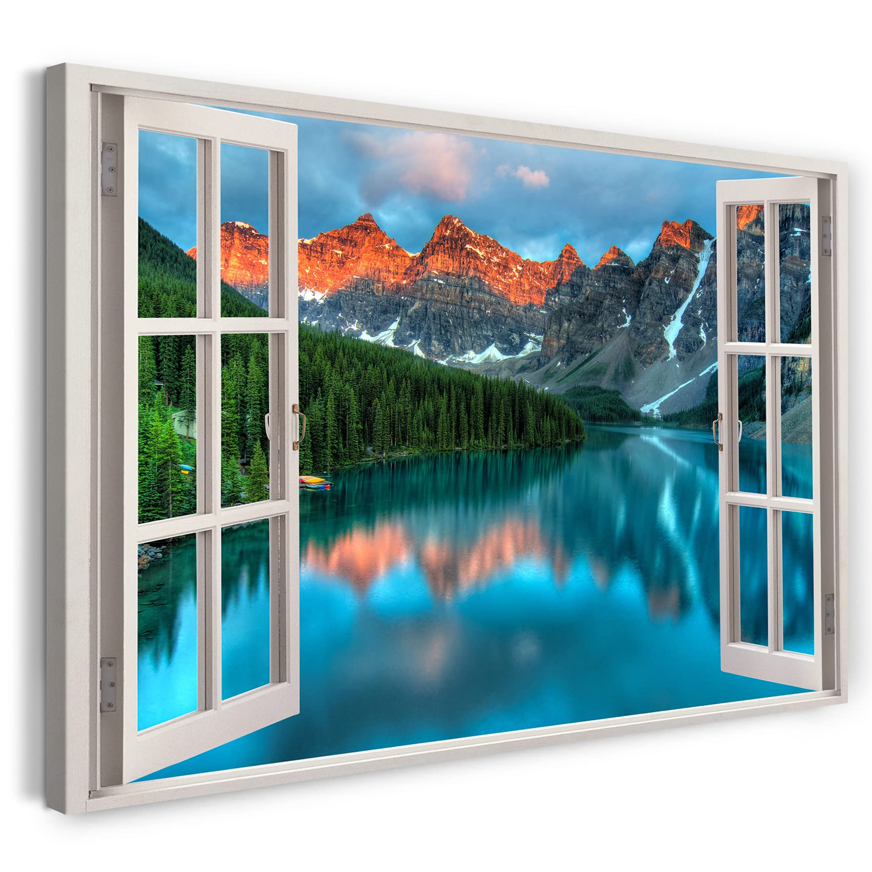 Print on Canvas (120x80 cm) view from the window - lake mountain forest landscape nature - nature photography, real wood frame with hook