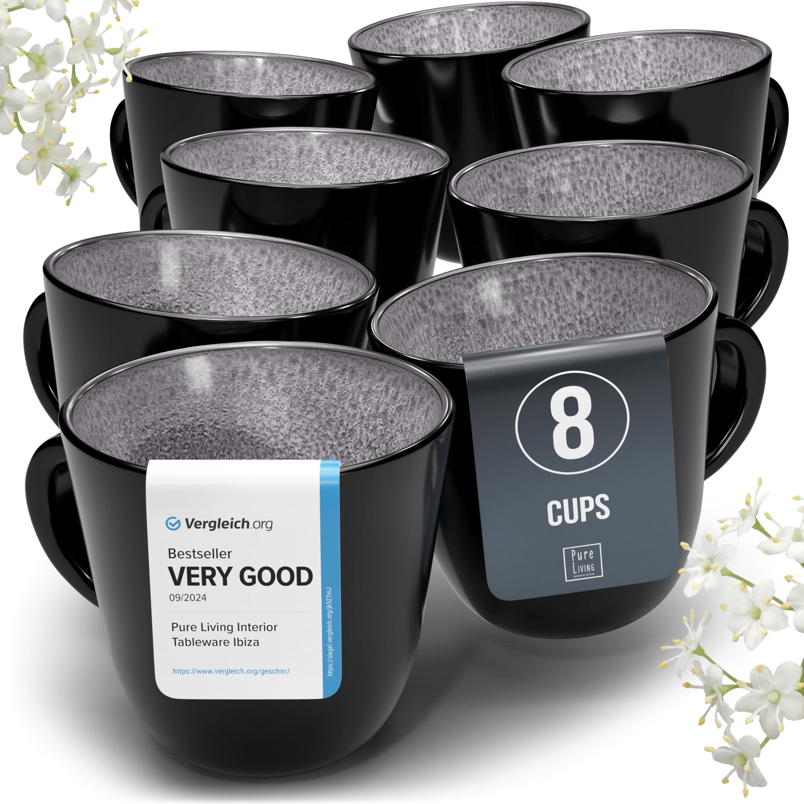 Stoneware coffee mugs set 8 pcs – 14.5 oz dark gray ceramic cups – Dishwasher and microwave safe – Modern stylish coffee cup set – Dinner service