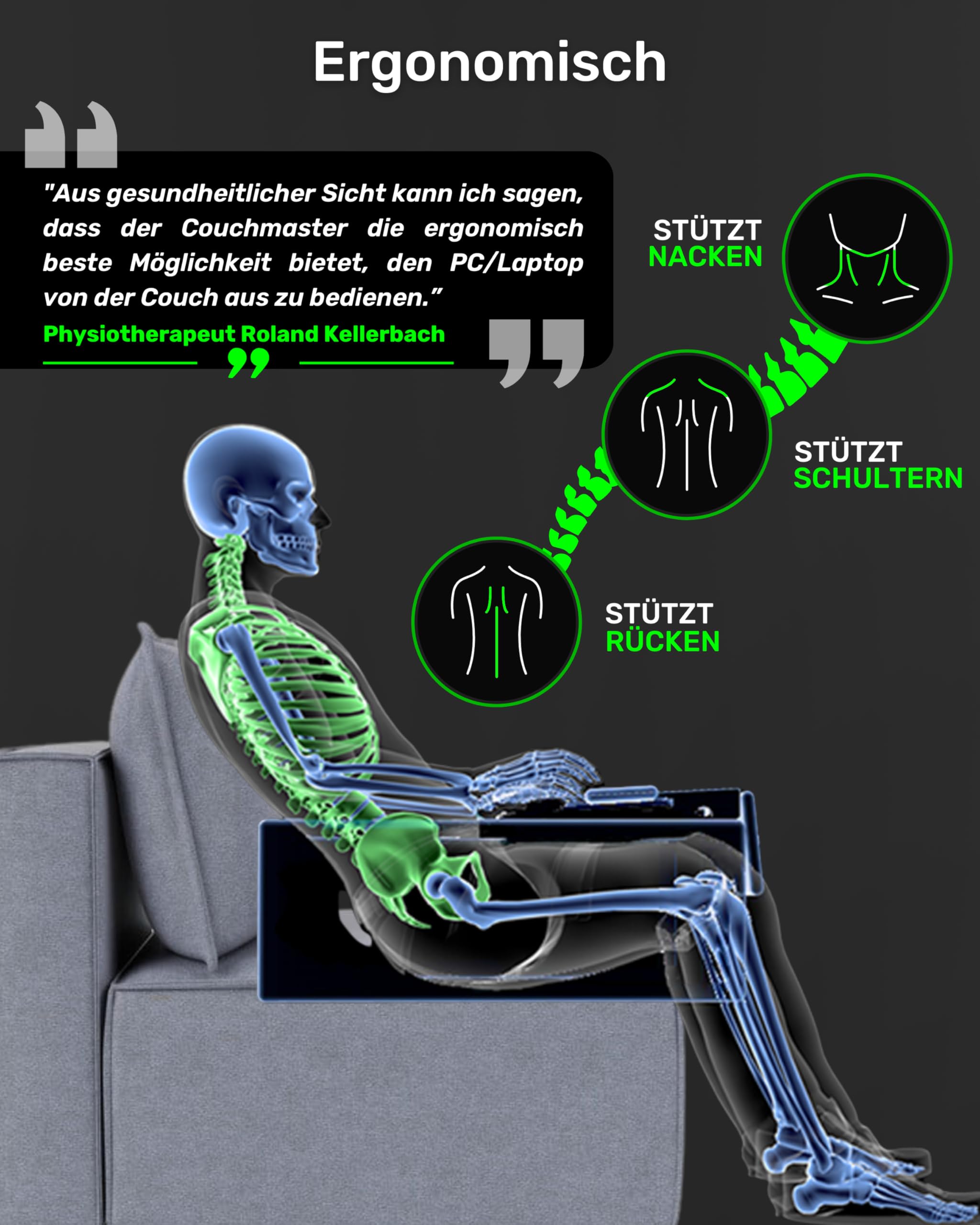 Couchmaster CYBOT, ergonomischer Laptoptisch für Couch, Sofa und Bett, extra breiter Laptop Tisch für Notebooks oder Wireless Peripherie