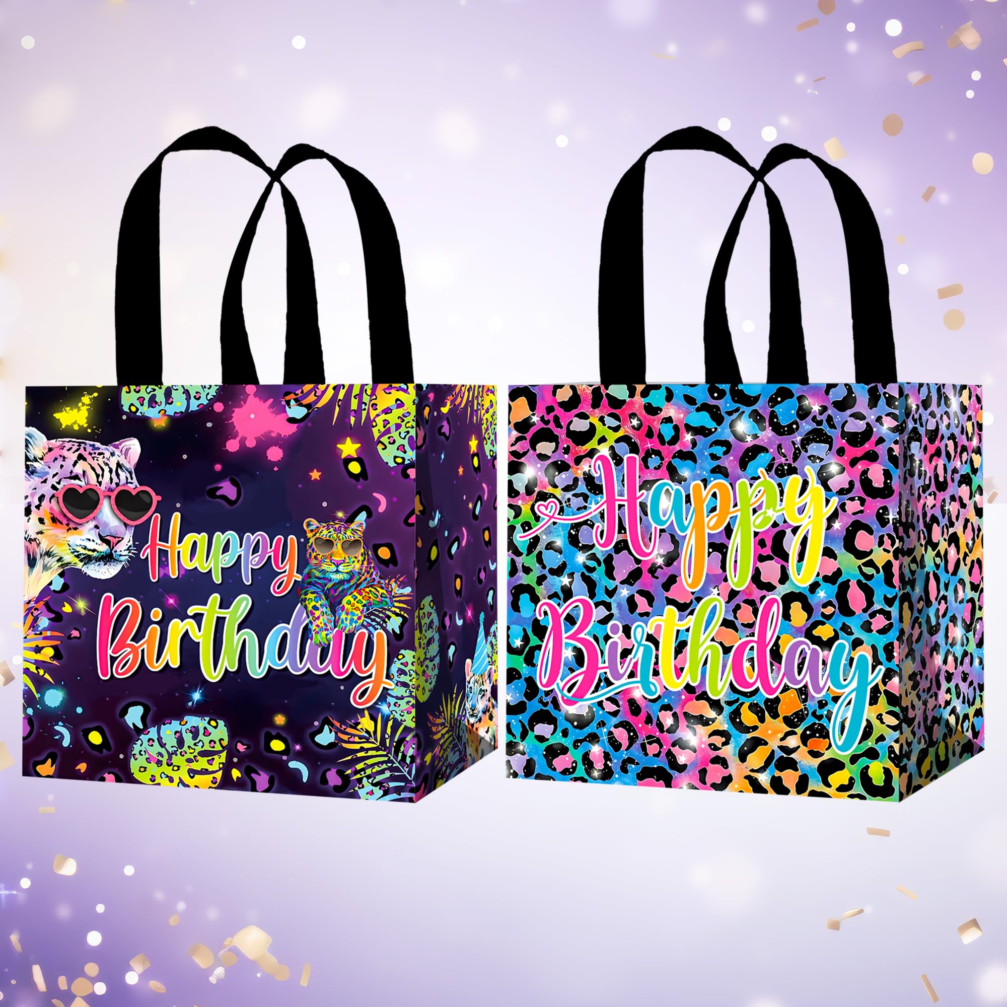 umoni Rainbow Cheetah Birthday Party Supplies 12pcs Neon Leopard Birthday Treat Bags Non-Woven Cheetah Print Candy Bags for Leopard Animals Theme