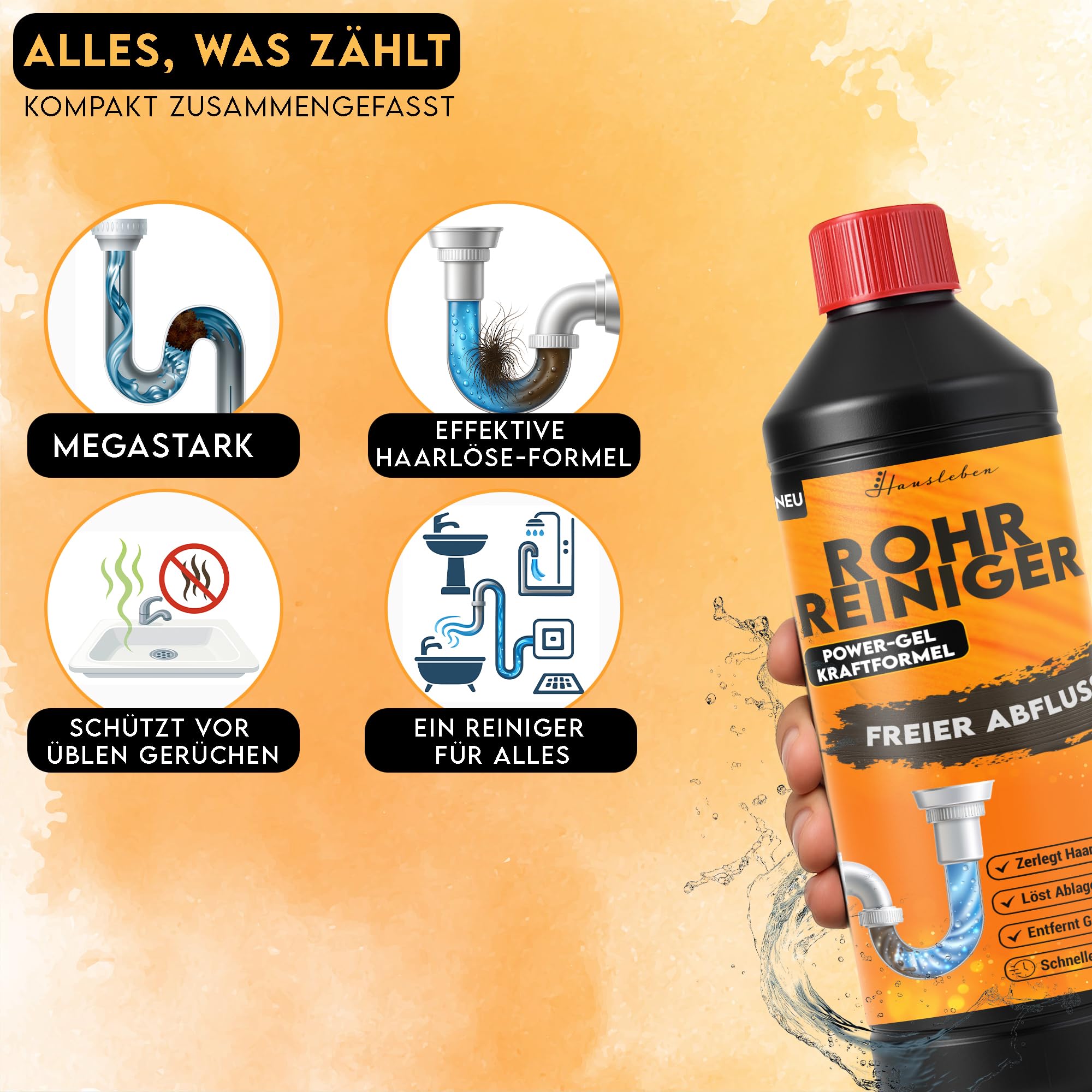 hausleben Abflussreiniger EXTRA STARK 6x1000ml – Rohrreiniger Power-Gel gegen Haare, Fett & Verstopfungen für Küche, Bad, Dusche und Abflussfrei