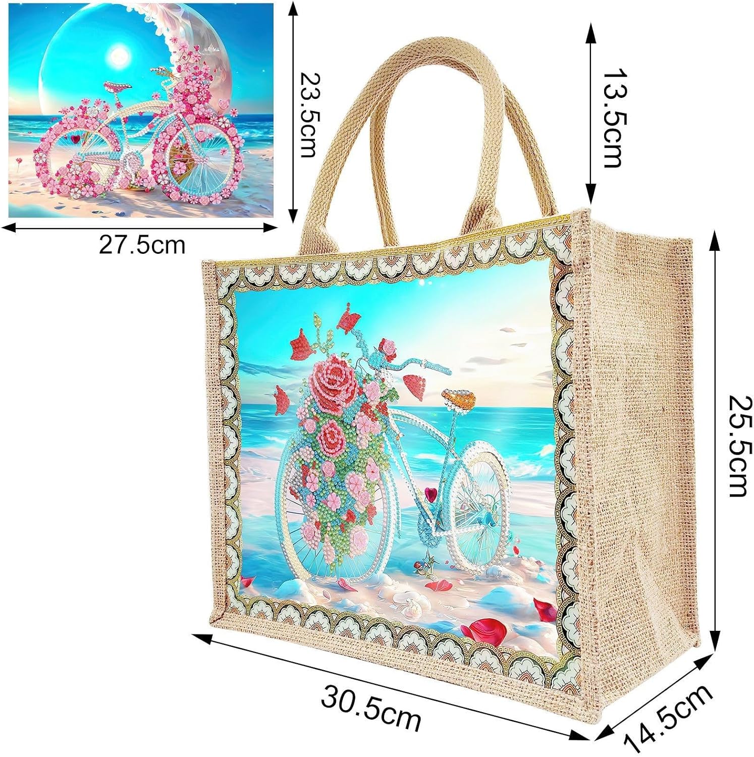 BAYUNOE 2Pcs Mandala Handbag Handmade Diamond Art Painting Purses with Canvas Pattern DIY Shoulder Makeup Bag for Women Art Craft Gift-Flower Bicycle