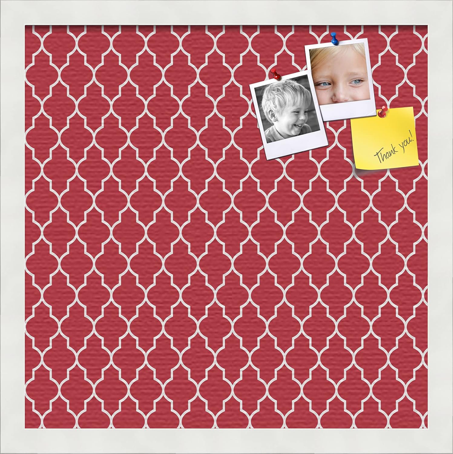 PinPix 16x16 Custom Cork Bulletin Board Quarterfoil Red Poster Board with a Canvas Style Photo Board, Framed in Satin White Frame (PinPix-484)